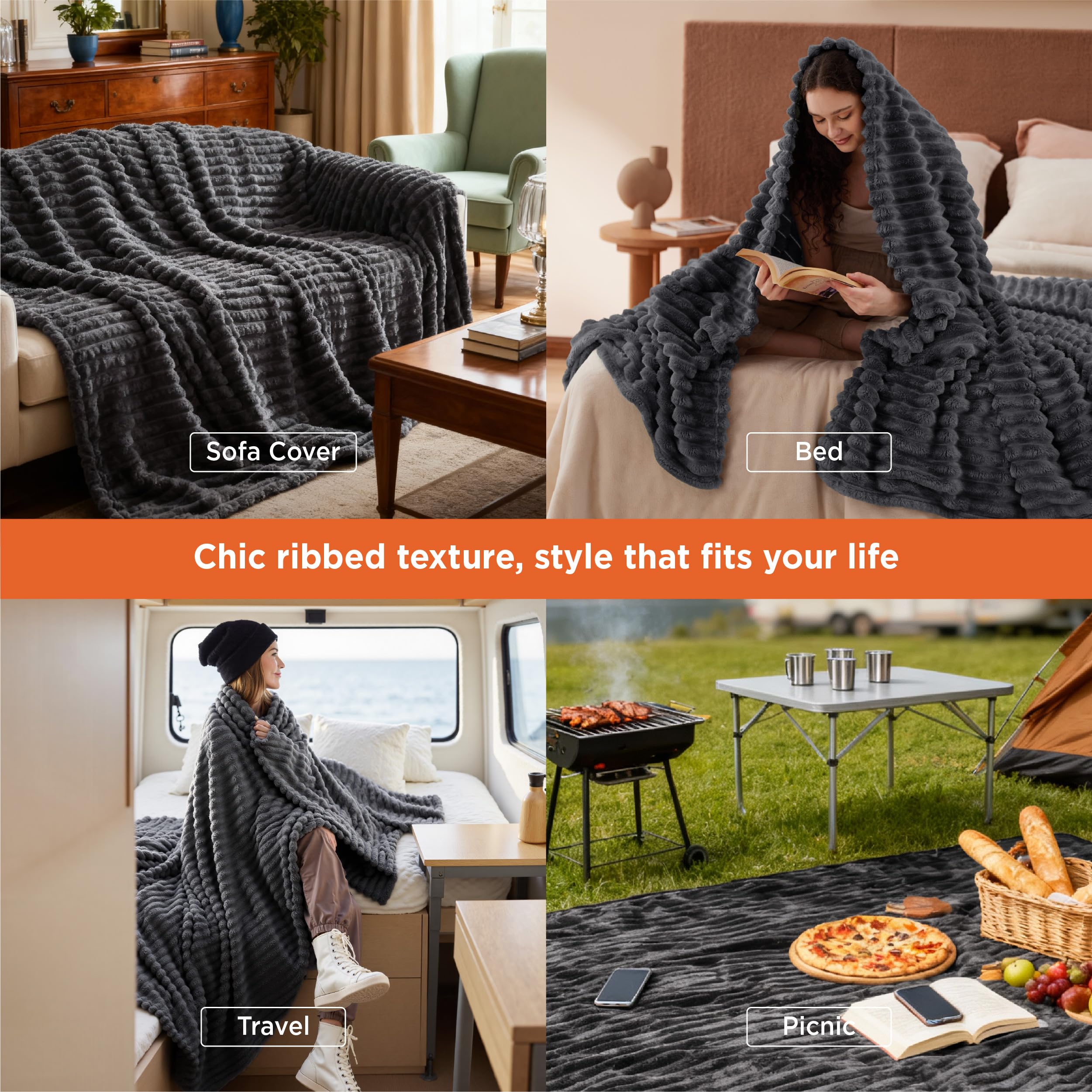 Bedsure Bed Blankets King Size - Fleece Blanket Fluffy Cosy Warm Blankets, Soft Cute Double Size Throw Gifts for Women and Girls, Dark Grey, 230x270 cm - 4