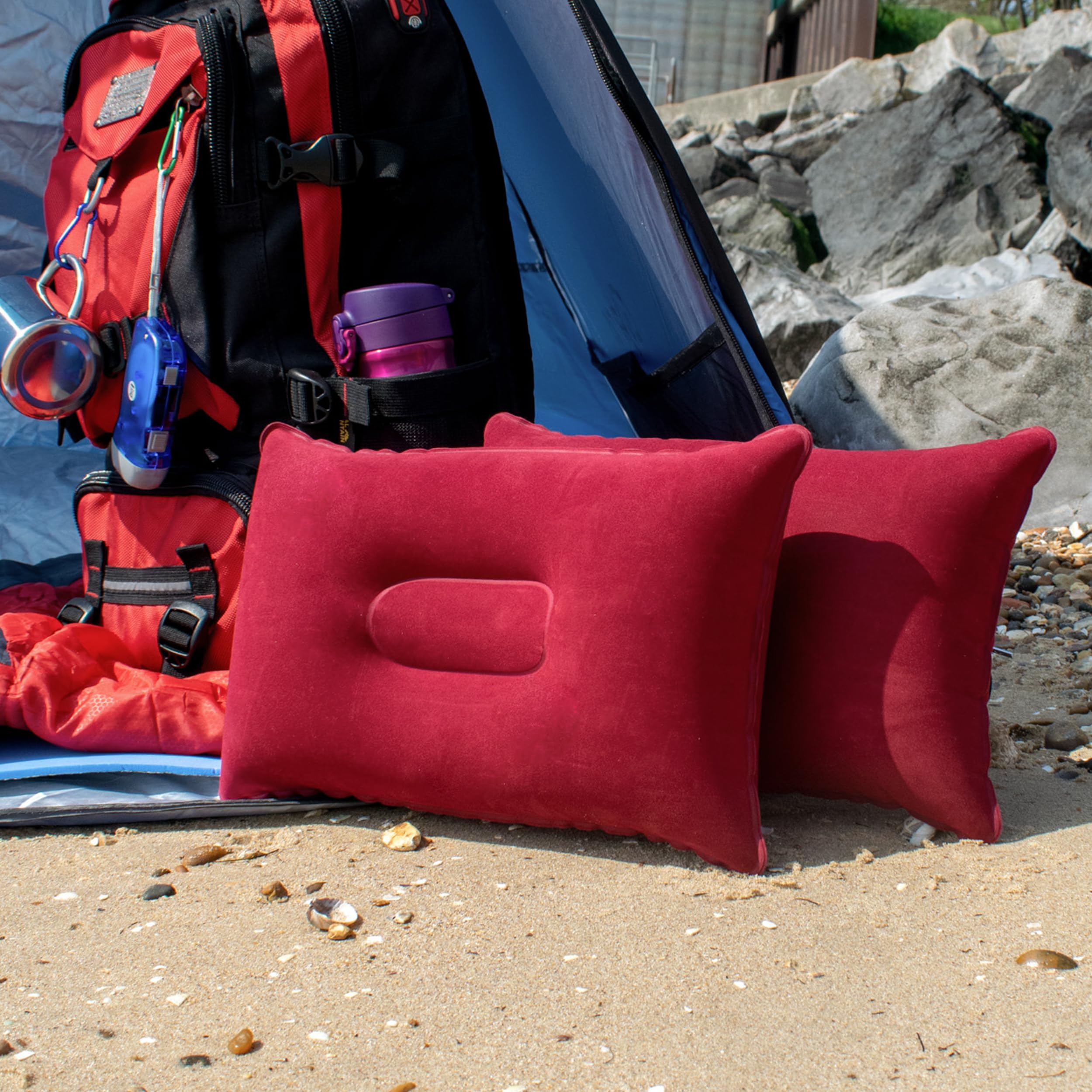TRIXES Inflatable Pillows x2 – Multipack of Burgundy Inflatable Pillows Perfect for Travel/Camping/Outdoors/Fishing - Blow up Pillow - Twin Pack Ultra Light Water Resistant Pillows