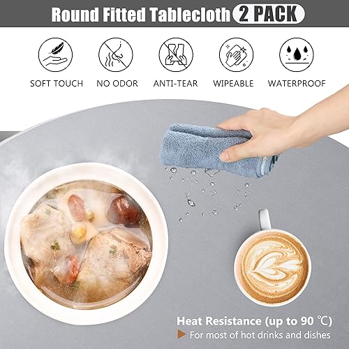 Miniatura 4 de Mantel redondo ajustable plateado, antidesgarros, elástico, lavable, 2 piezas, lavable a máquina, para uso en exteriores e interiores, se adapta a