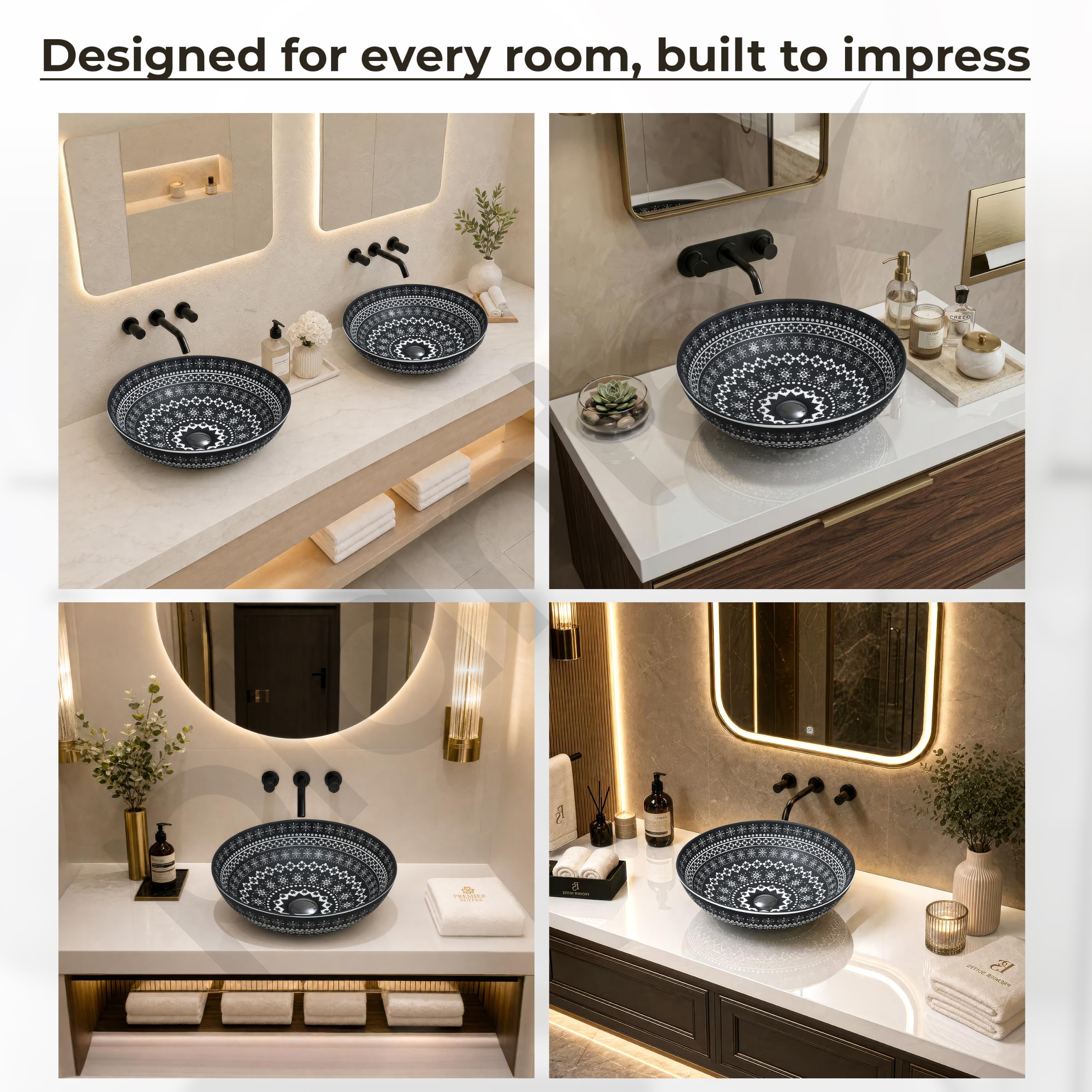 Plantex Ceramic Round Wash Basin for Bathroom/Designer Table Top Washbasin/Countertop Hand Basin for Restaurant/Hotel (15.5x15.5x4.5 Inch - Black & White) 2