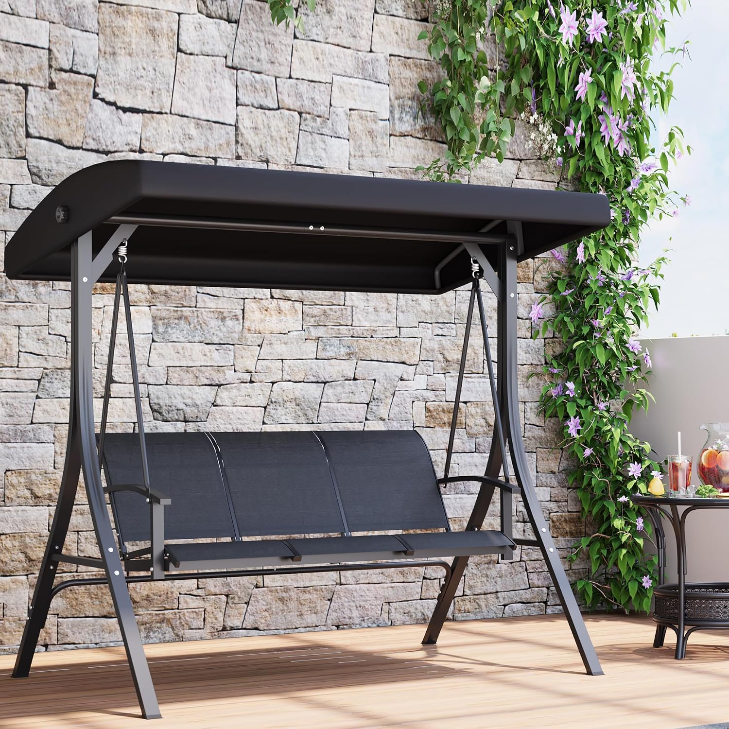 3-Seat Patio Swing Chair with Adjustable Canopy, Outdoor Porch Swing with Armrests, Textilene Fabric Seat & Backrest, Patio Swing Bench for Garden, Backyard, Poolside-Black3