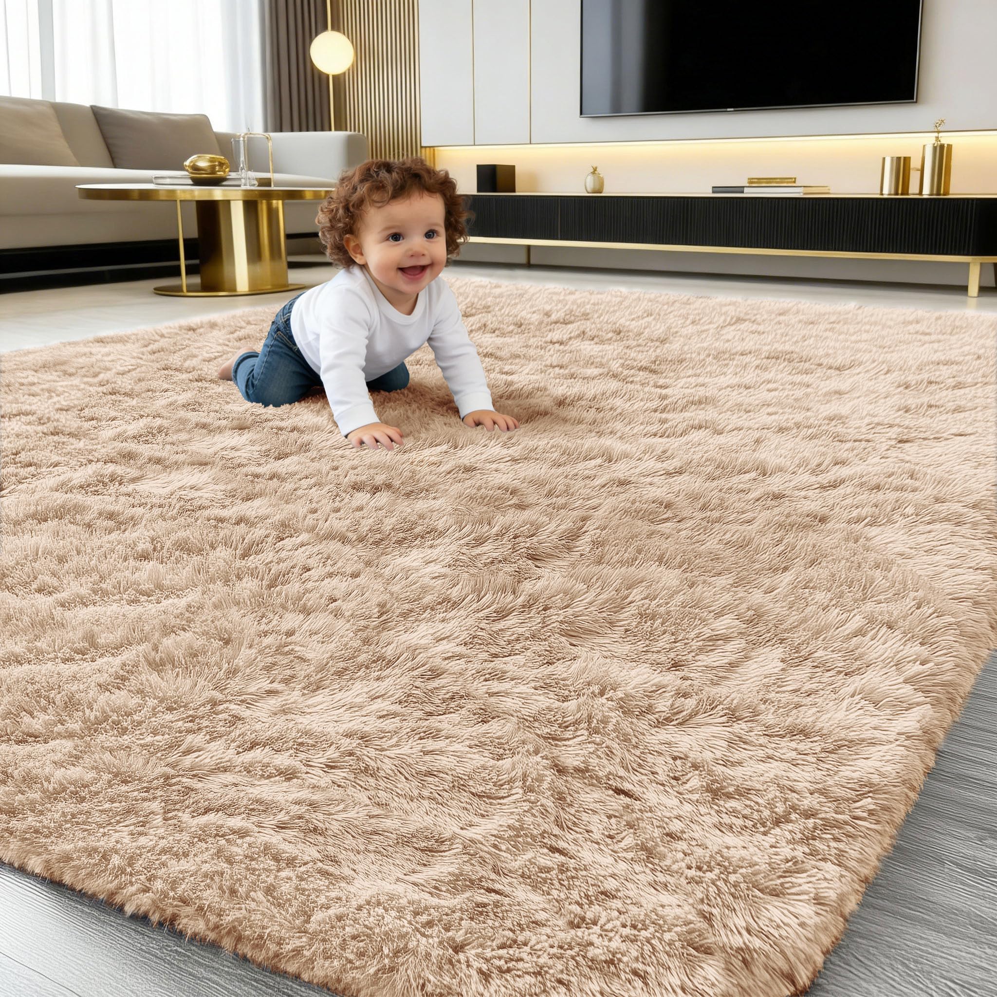 smiry Flauschig Hochflor Groß Teppich Wohnzimmer - 160x220 cm, Kamel | Rutschfest Waschbarer Moderner Teppiche Kuscheliger Wohnzimmerteppich fürs Kinderzimmer Schlafzimmer