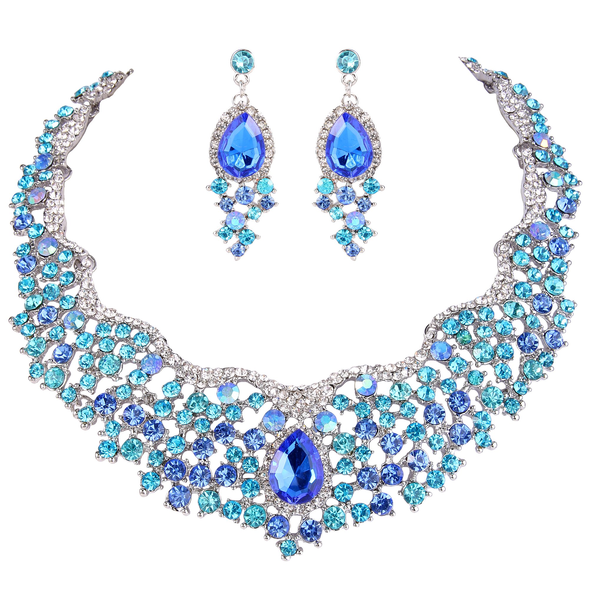 EVER FAITH Austrian Crystal Flower Cluster Teardrop Wedding Prom Statement Necklace Earrings Set for Women Bride
