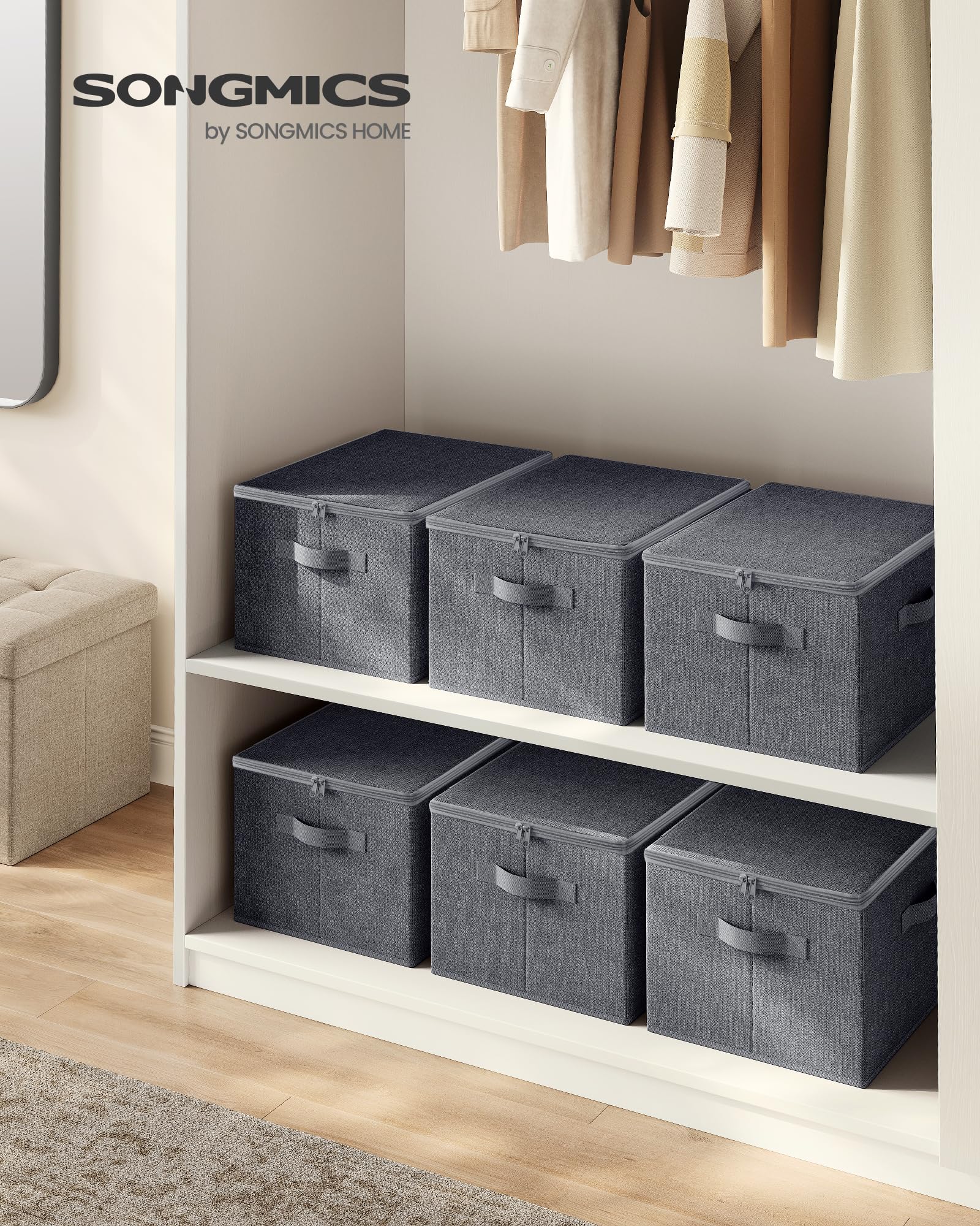 SONGMICS Boîte de Rangement, Pliable, avec Couvercle, Poignées, Coffre, Panier, pour Vêtements, Chaussres, en Tissu Non-tissé, Lot de 6, 40 x 30 x 25 cm, Gris Ardoise RZB003G02