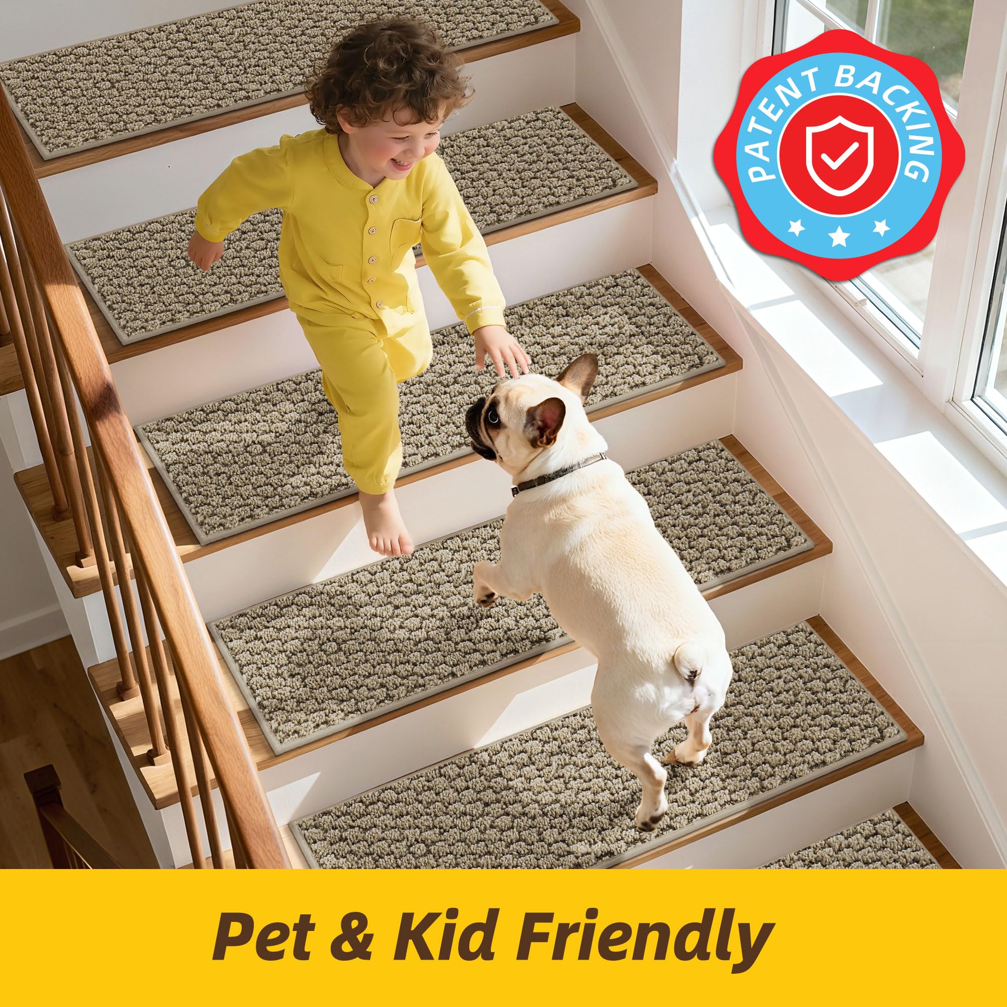 JSEI Stair Treads for Wooden Steps, 14 Pack 9" X 28" Non-Slip Machine Washable Carpet Stair Treads with TPE Backing, Soft Indoor Stair Rug Runner for Kids Elders & Pets, 100% Polyester, Beige — view 6