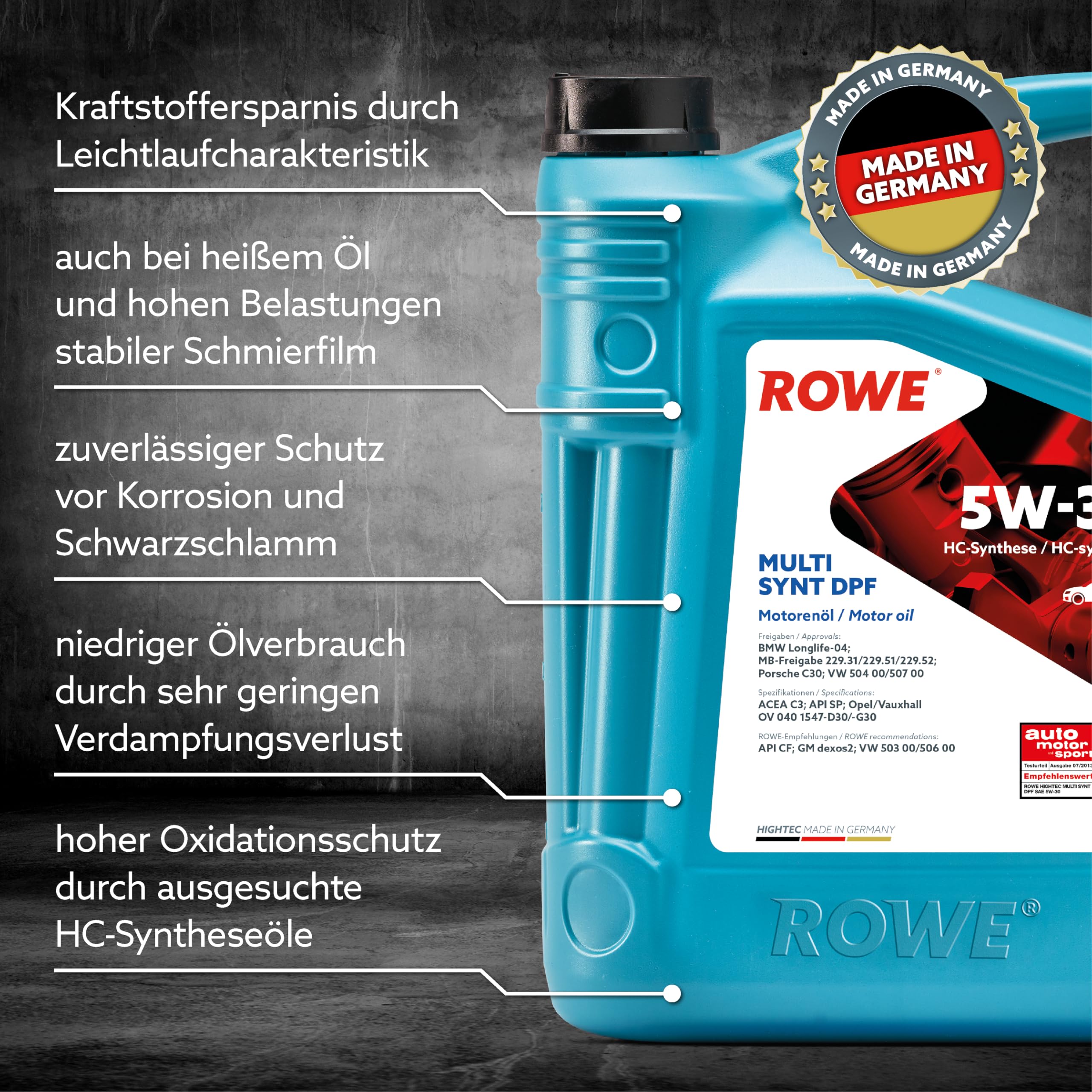 ROWE Aceite de motor 5W-30 HIGHTEC Aceite sintético HC (Hydro Cracked) ACEA C3 API SP MULTI SYNT DPF 5L Compatible con VW Polo V Hatchback 6R1, 6C1 up! Hatchback 121, 122, BL1, BL2, BL3, 123, TOYOTA | Aceite de motor para motores modernos de gasolina y di