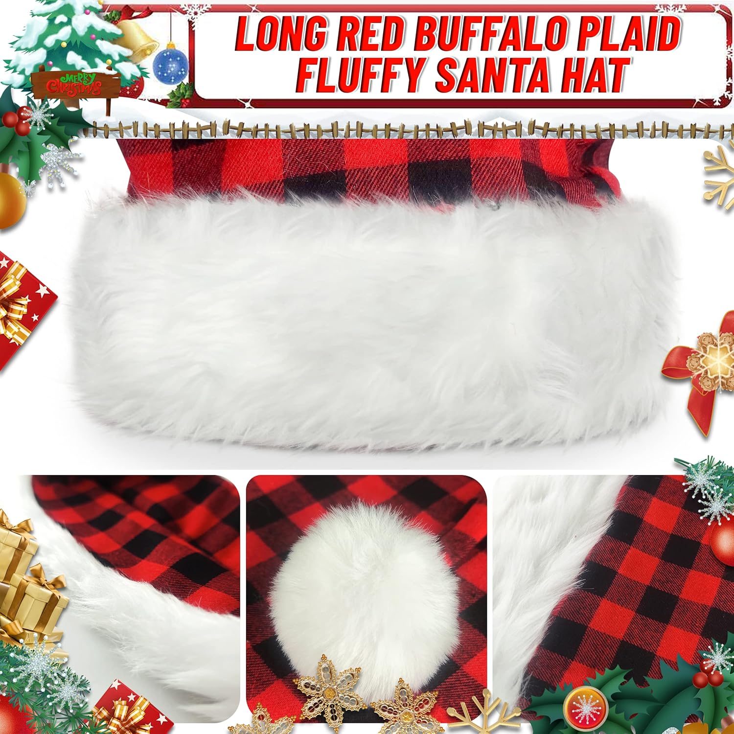 Long Santa Hat for Adult | Red Buffalo Plaid Christmas Hats,Xmax Holiday Hats for Party, Fluffy Plush Santa Claus Hats - Image 2