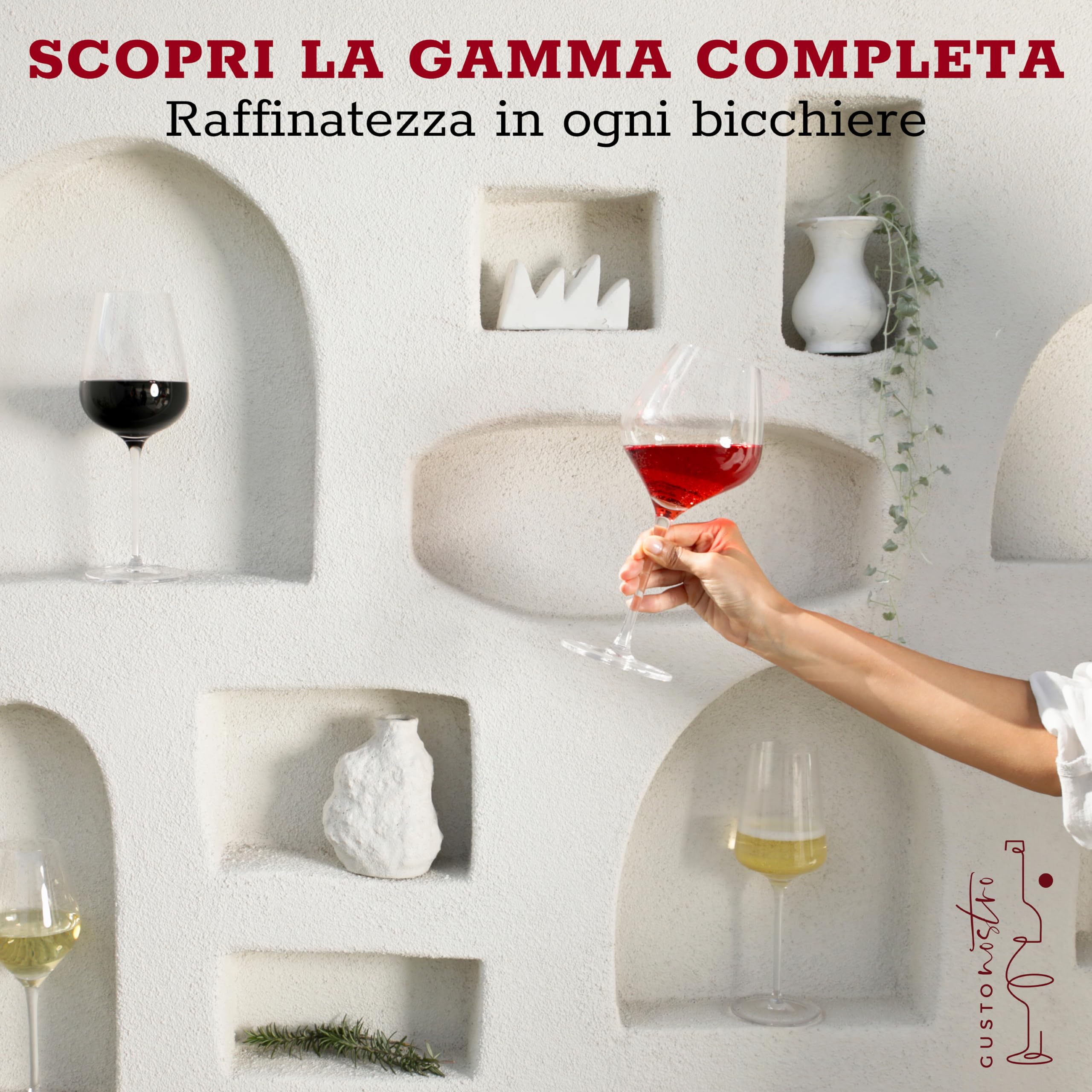Gusto Nostro Set di 4 Calici Vino in Cristallo, 650 ml - Bicchieri Vino Rosso e Bianco a Stelo Lungo Moderni, Lavabili in Lavastoviglie, Eleganti e Raffinati - Per Matrimoni, Cene, Feste