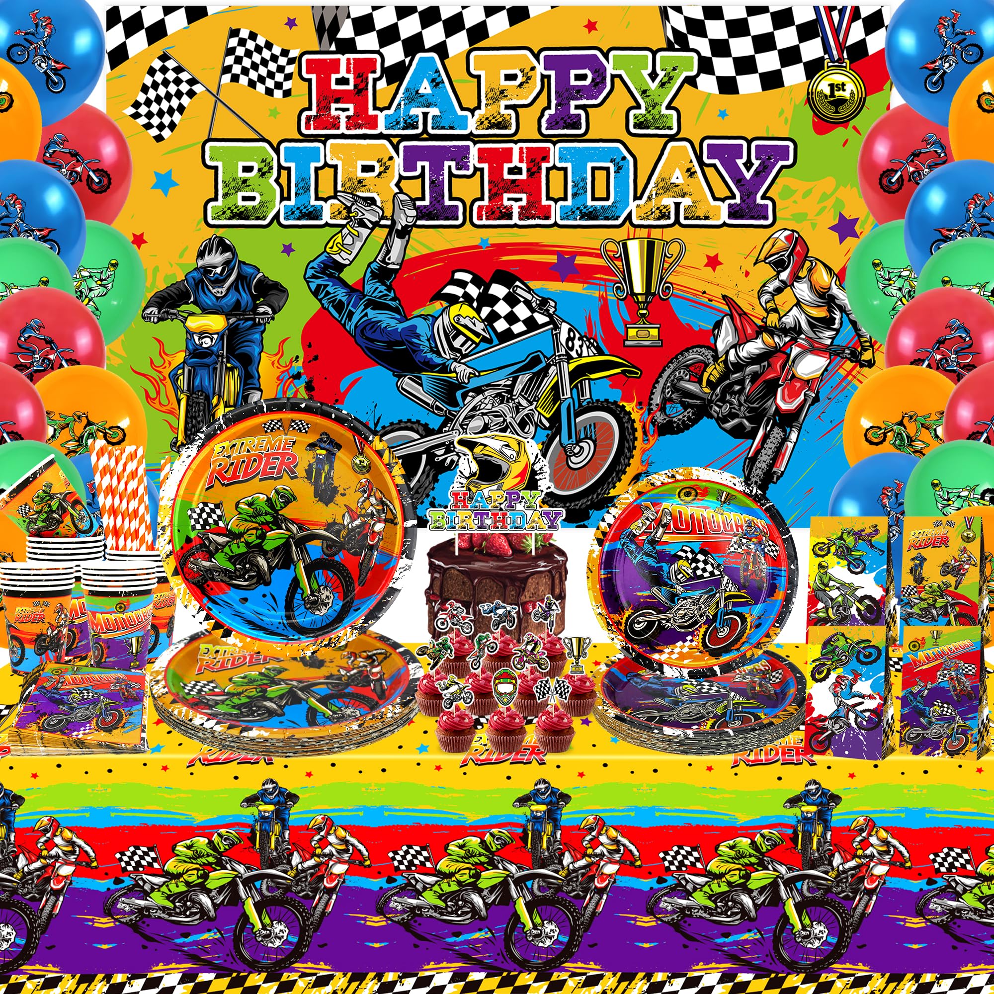 Dirt Bike Birthday Party Supplies, Includes Happy Birthday Backdrop, Plate, Napkin, Cups, Cake Toppers, Gift Bags, Hanging Swirls, Tablecloth, for Boys Motorcycle Extreme Sports Decorations Serve 20