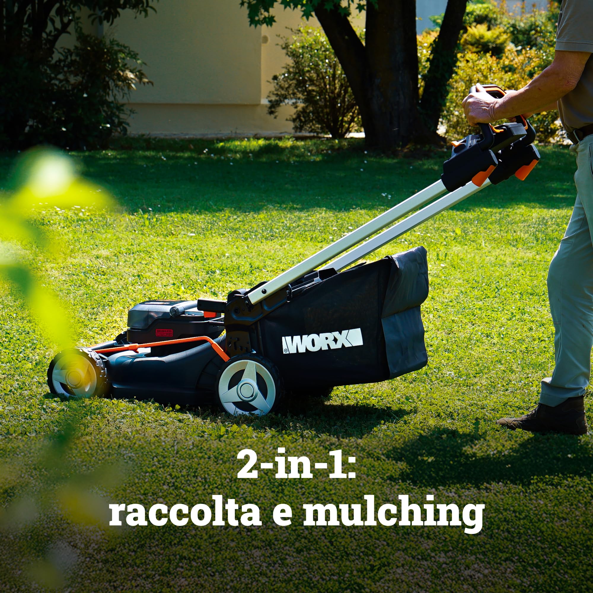 WORX Nitro WG749E Rasaerba 40 V (2 x 20 V) | PowerShare | Include 2 batterie 4 Ah e caricatore doppio | 46 cm con trazione | Mulching | 7 posizioni di altezza