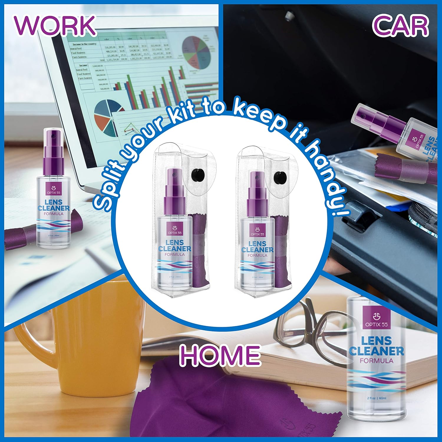 Lens Cleaner Spray Kit - Alcohol & Ammonia Free | Eye Glasses Cleaner Spray + Microfiber Cloths | Safe for Eyeglasses, Lenses & Screens | Streak-Free, Unscented (Small) : Health & Household