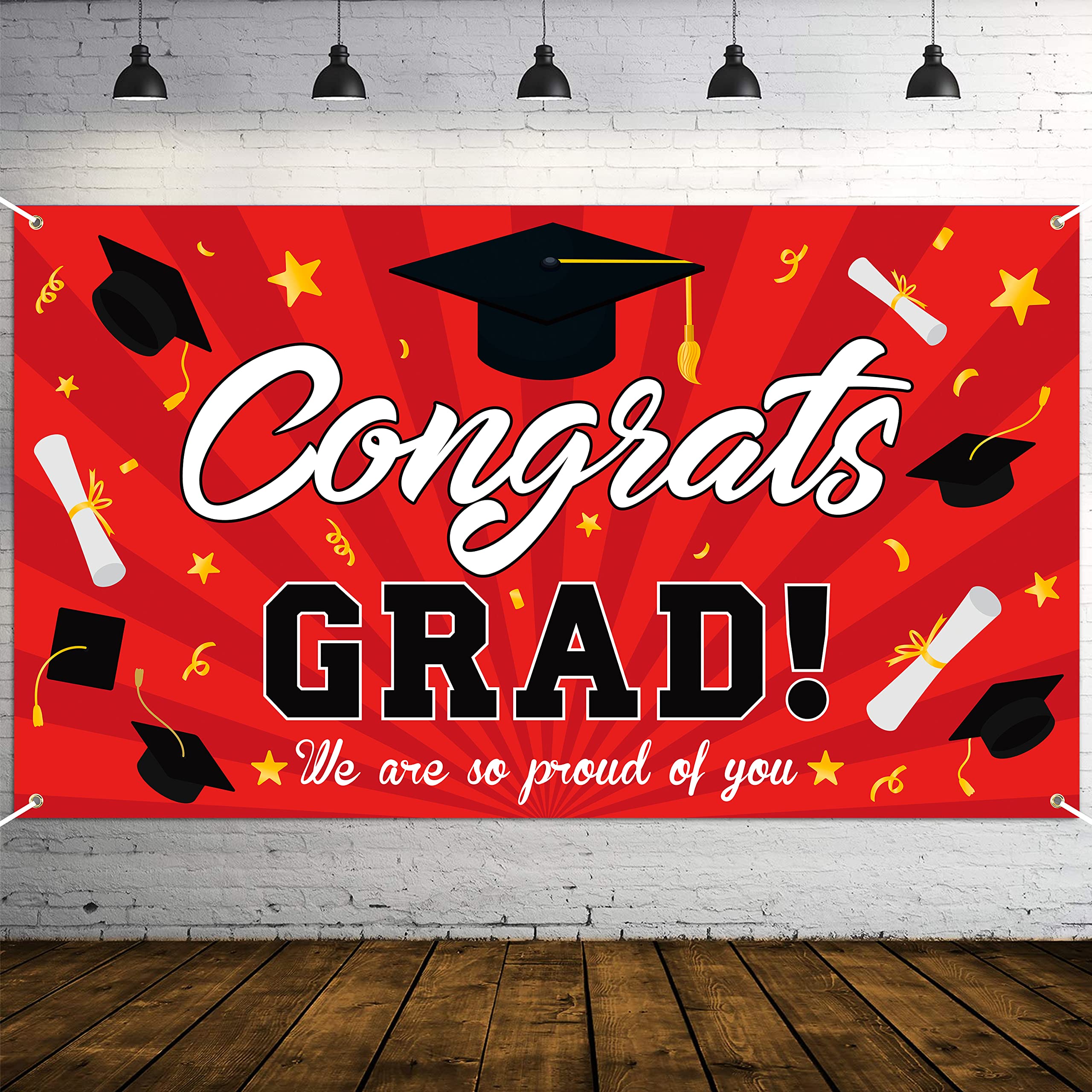 WATINC Congrats Grad Backdrop Banner 2023 Graduation Decorations 78" x 45" Extra Large and Red Black Background We are Proud of You Cap Diploma Party Supplies for Indoor Outdoor Photo Booth Props