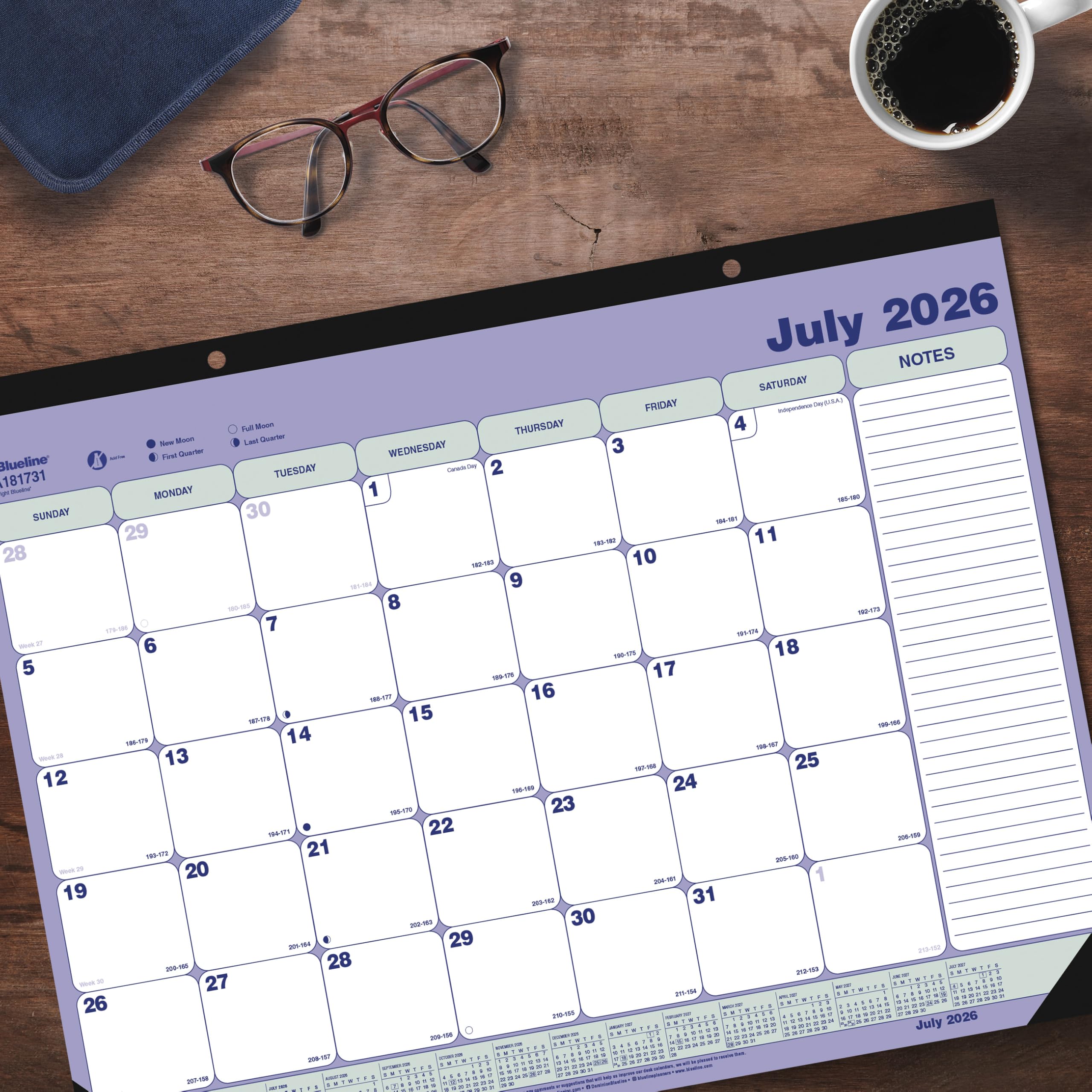 Blueline® Calendario académico mensual de escritorio, 13 meses, julio de 2026 a julio de 2027, 54 cm x 40,6 cm (CA181731)