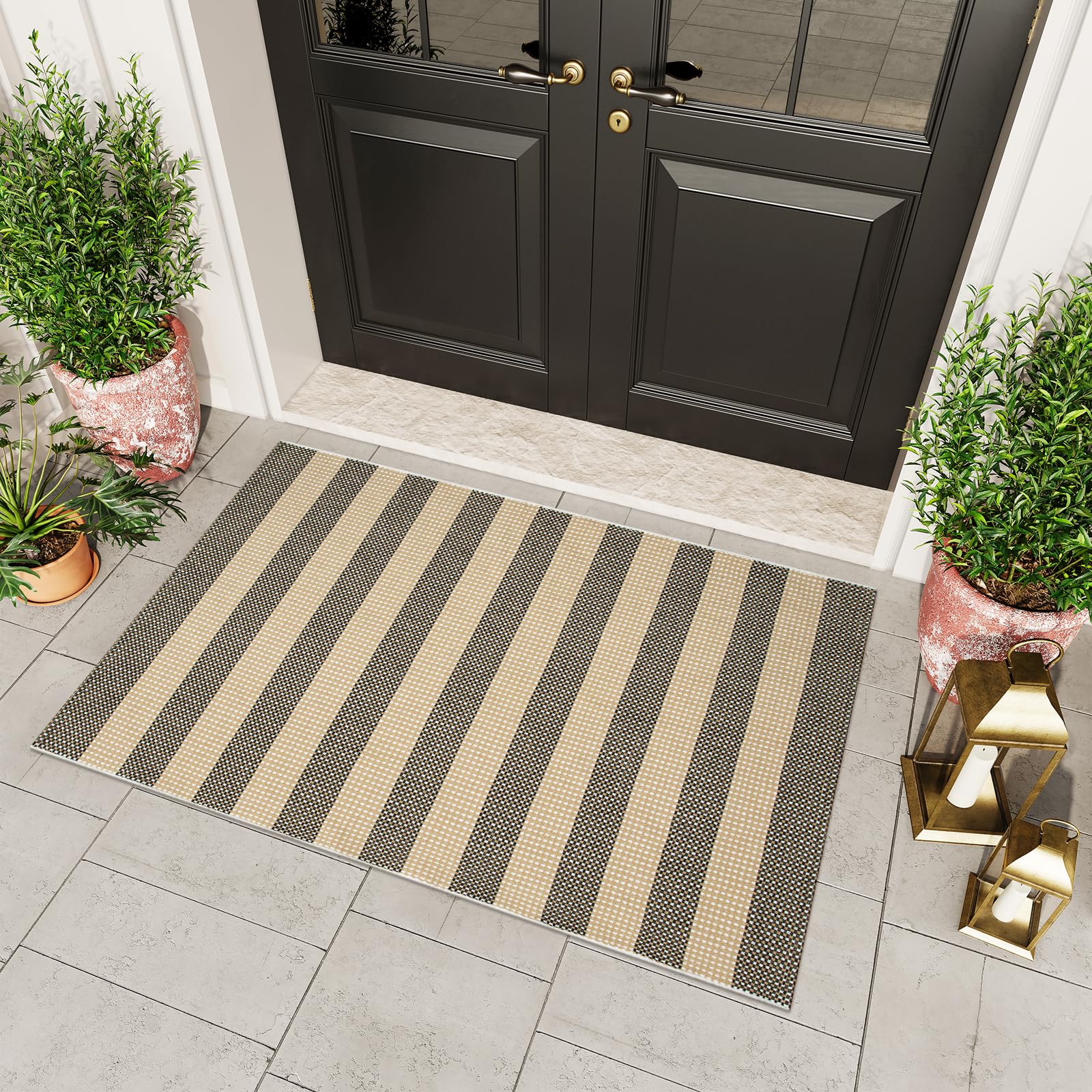 OJIA Tan Washable Outdoor Rug 3'x5', Front Door Mat Outside Entrance Cotton Woven Layered Doormat Indoor Outdoor Rugs Striped Entryway Rugs Small