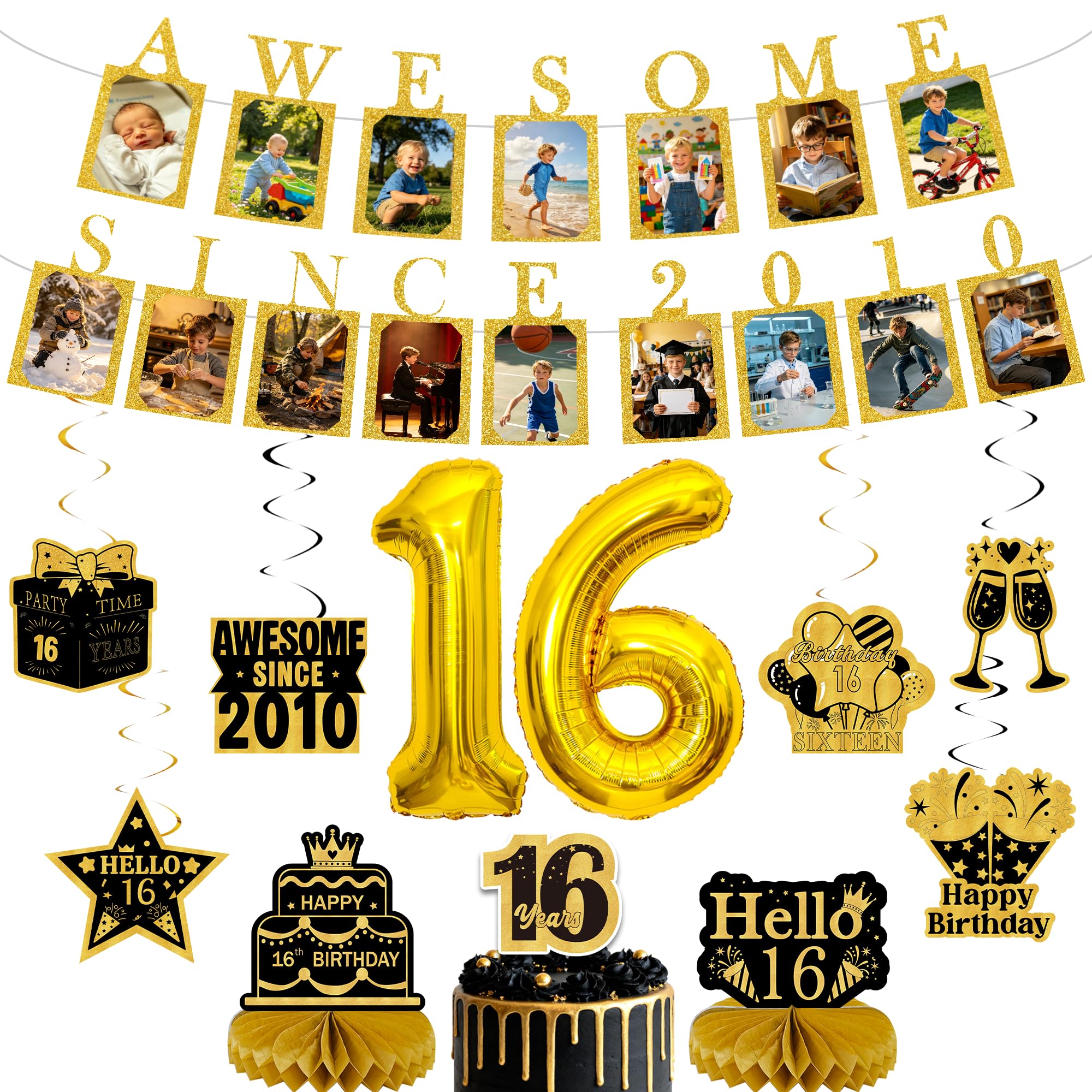 Happy 16th Birthday Banner Decorations, Gold Photo Banners Set