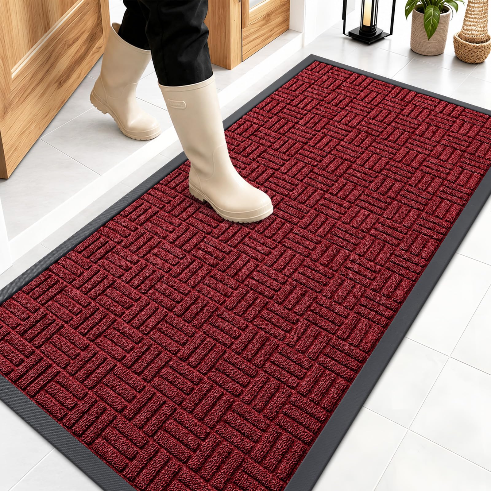OLANLY Front Door Mat Outside Entrance 47x23, Heavy-Duty Rubber Doormat | Black Red, Stain and Fade Resistant, Non-Slip Backing, Low-Profile Indoor Outdoor Floor Mat for Entryway, Easy to Clean