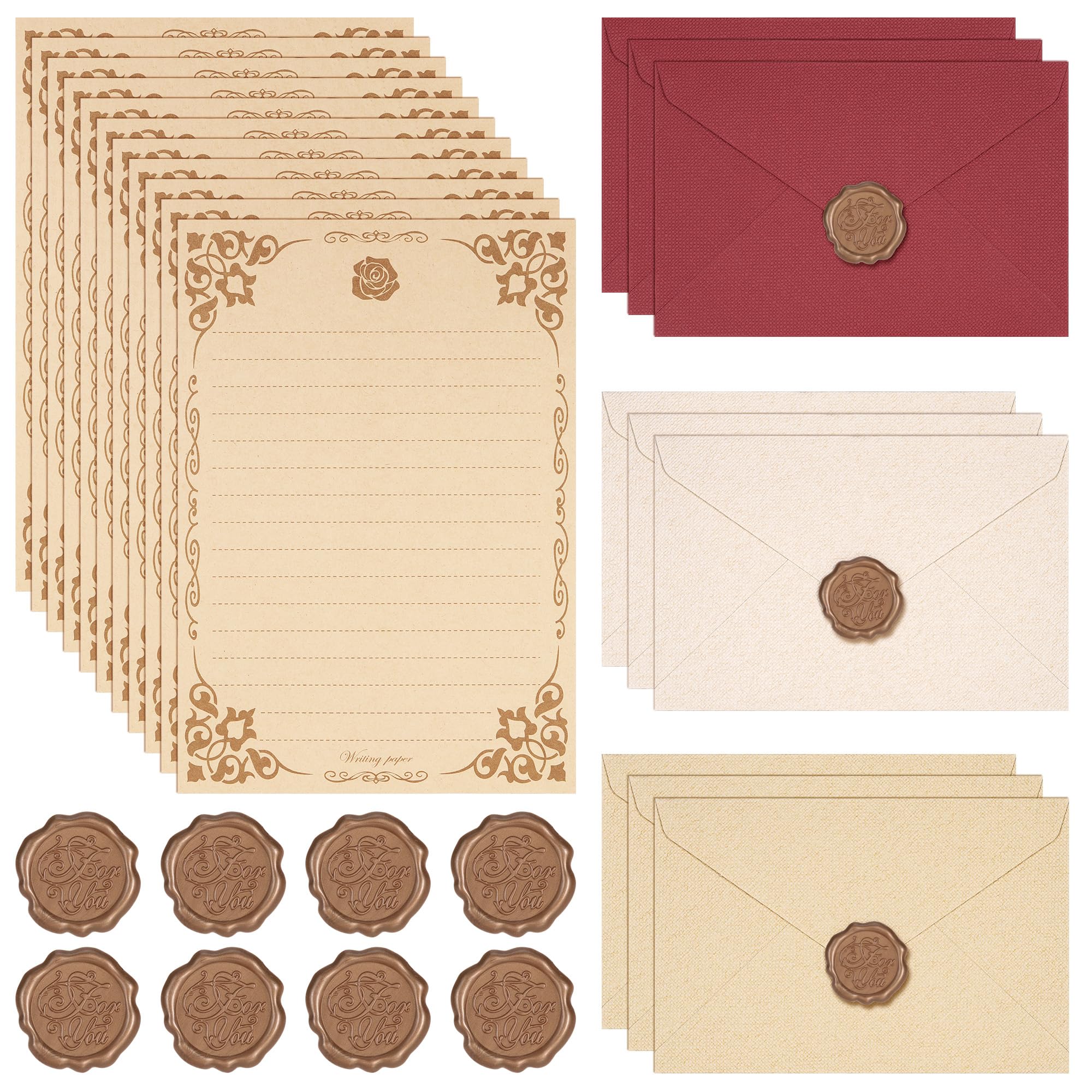 JIANTA 48 Pcs Vintage Writing Paper and Envelopes Set, Stationary Set with 30 Letter Papers, 9 Envelopes and 9 Wax Seal Stickers, Papers with Envelopes Writing Set for Love Letter, Invitation