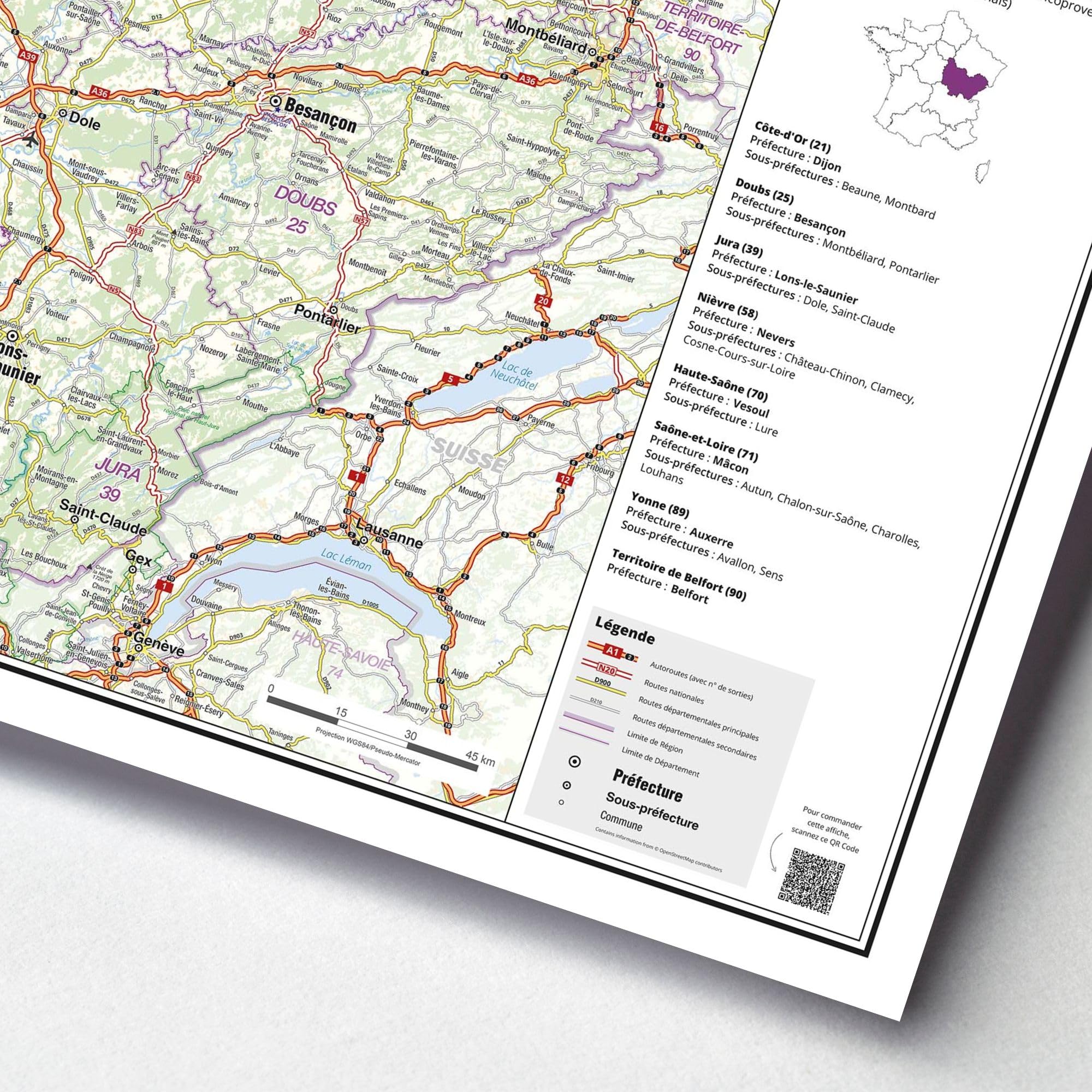 Carte routière de la région Bourgogne-Franche-Comté - Poster plastifié 100x70 cm - Édition 2026