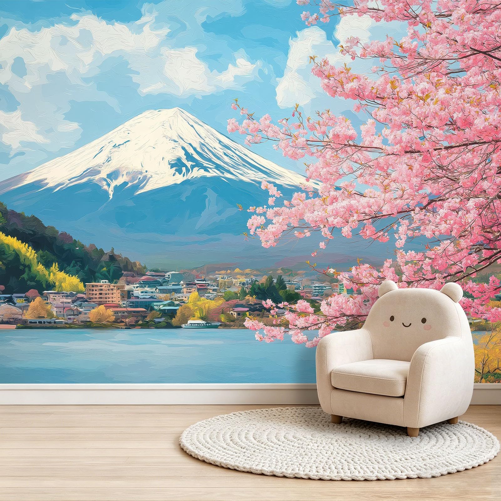 Panoramiczna tapeta 3D Góra Fuji Wiśnia Tradycyjna roślina Plakat, 400 x 280 cm (szer. x wys.) Tapeta z włókniny do salonu dziecięcego Sofa TV dekoracja tła, niebieski różowy