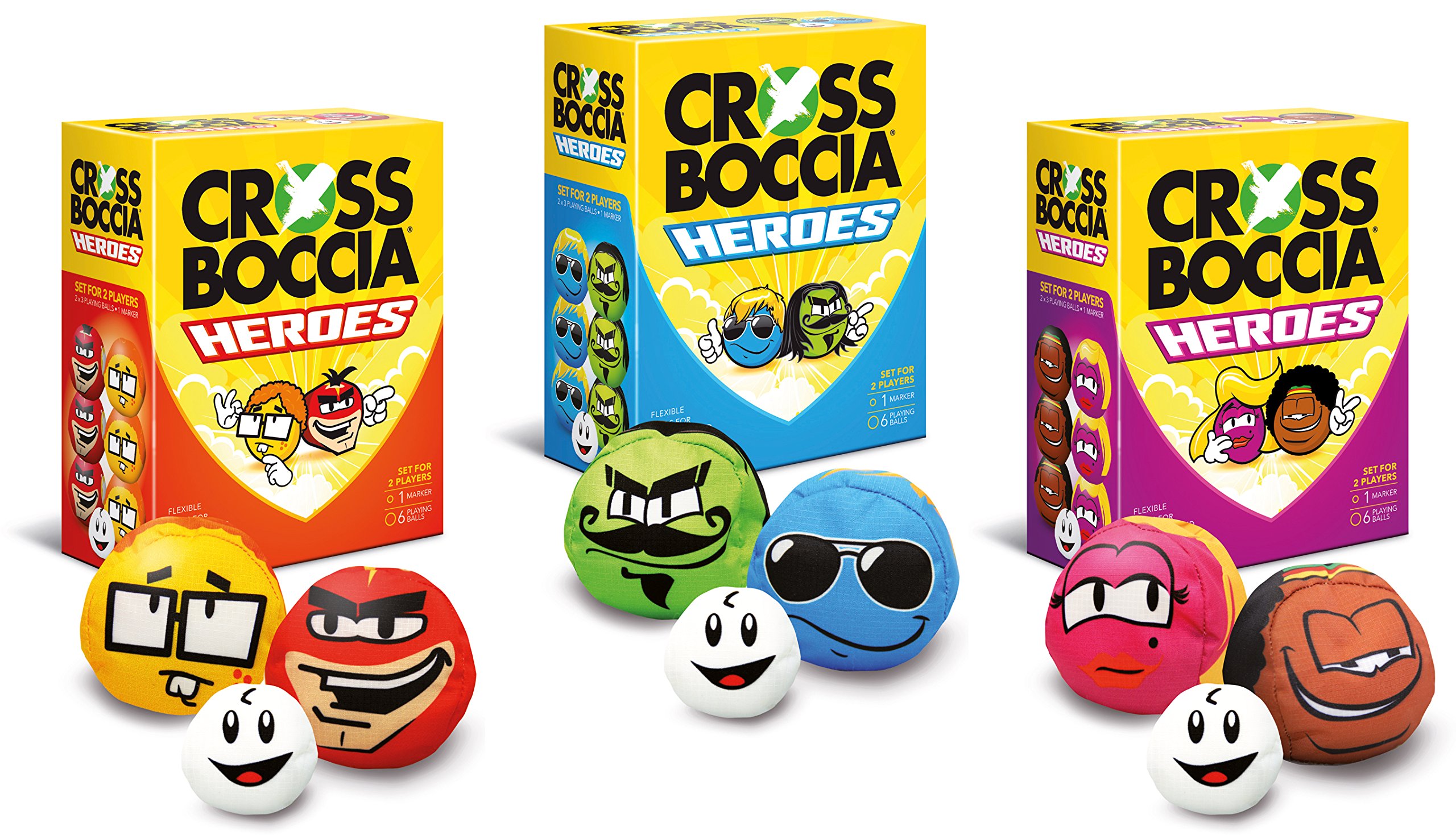 Crossboccia® Doublepack Heroes, 2x3 gleichfarbige Stoffsäckchen, verschiedene Designs, Ø 8cm mit Granulat gefüllt, Set für 2 Spieler, inkl. Zielkugel, in 4-Farb Karton mit Regelwerk