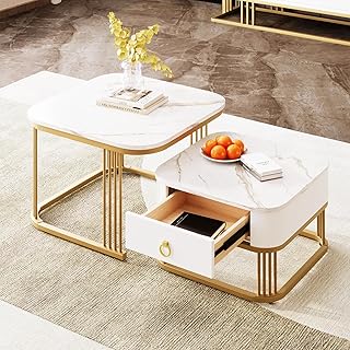 2-in-1 MDF Coffee Tables for Living Room, Square Coffee Table with High Gloss Marble Exterior, Gold Accents, Side Table with Drawer, Modern Nest of Tables for Saving Space, White