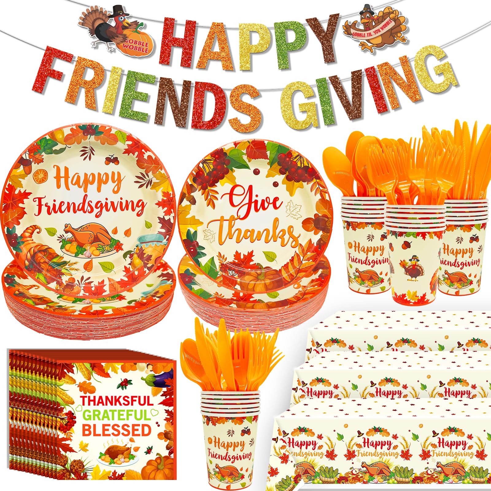 189Pcs Thanksgiving Party Supplies Thanksgiving Plates And Napkins Thanksgiving Plates Disposable Happy Friendsgiving Banner for Thanksgiving Decorations Friendsgiving Decorations