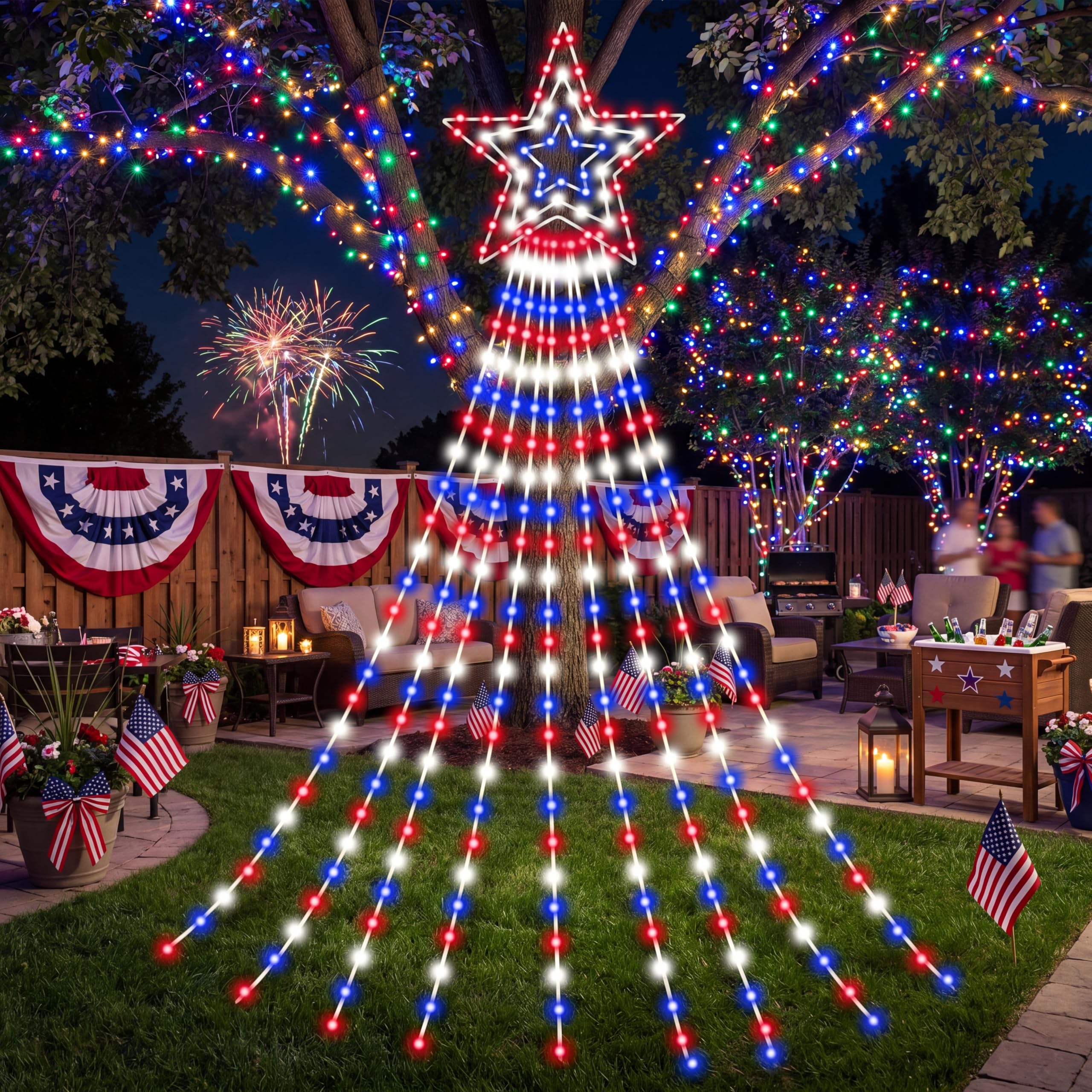 Huquary Guirnalda de luces de cascada de estrella del 4 de julio de 12 pies, decoración del Día de la Independencia, rojo, blanco, azul, para exteriores, con 8 modos iluminados para fiesta patriótica