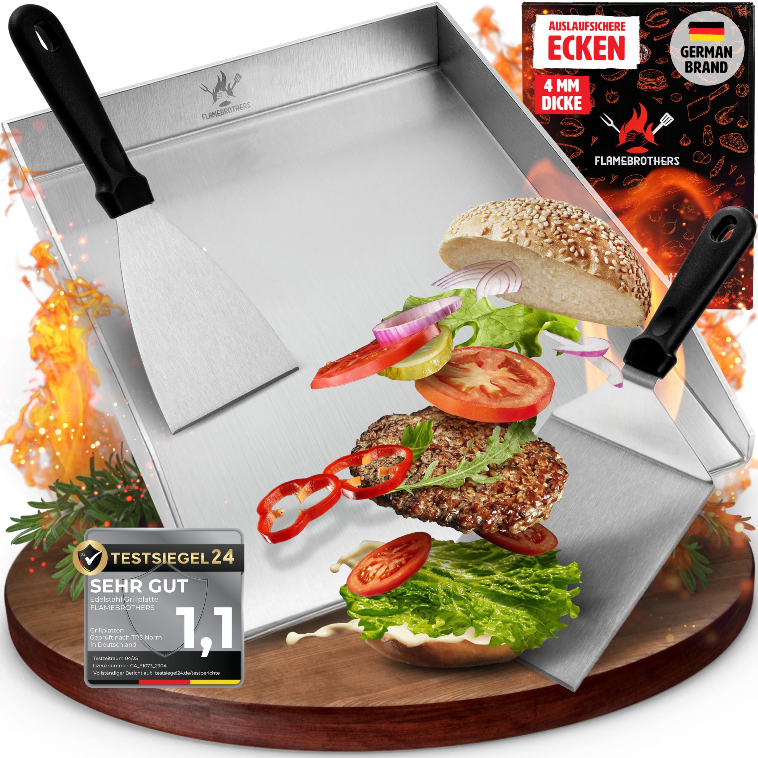 Plancha Grillplatte - All In Grillzubehör Set mit Grillspachtel & Grillschaber - 4mm rostfreier Edelstahl [40 x 30cm] - Grill Platte für Gas- & Kohlegrill - auslaufsichere Ecken für sauberen Grill