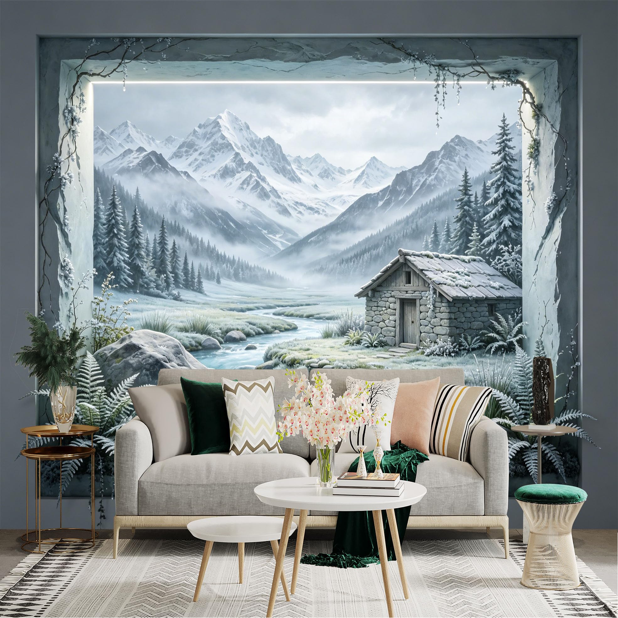 Custom Size Wall Sticker Mural， Snowy Mountain Landscape with Cabin and River， for wall Decoration， peelandstick wall Decals.