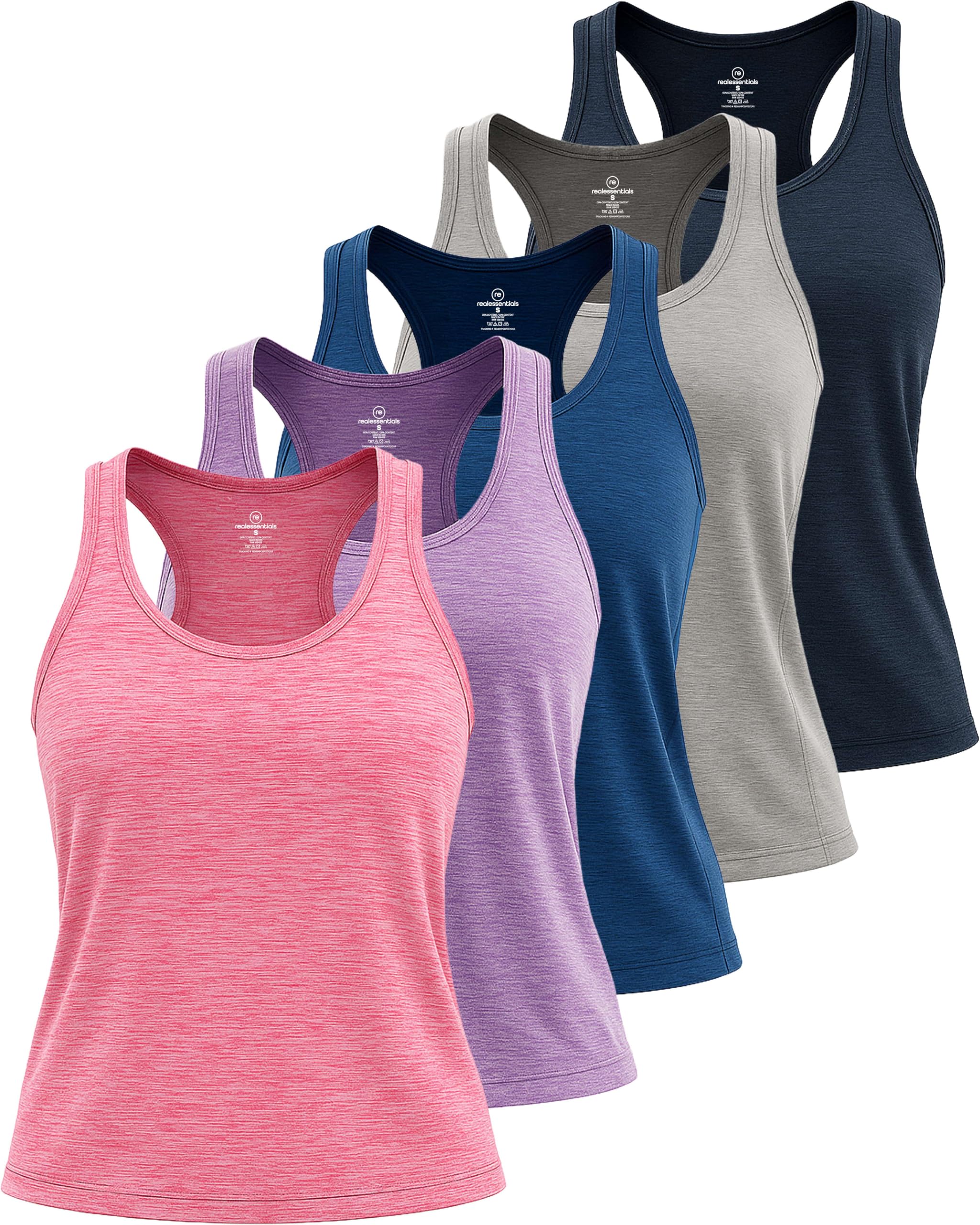 Real Essentials 5 Pack: Women's Racerback Tank Top Dry-Fit Athletic Performance Yoga Activewear (Available in Plus Size)