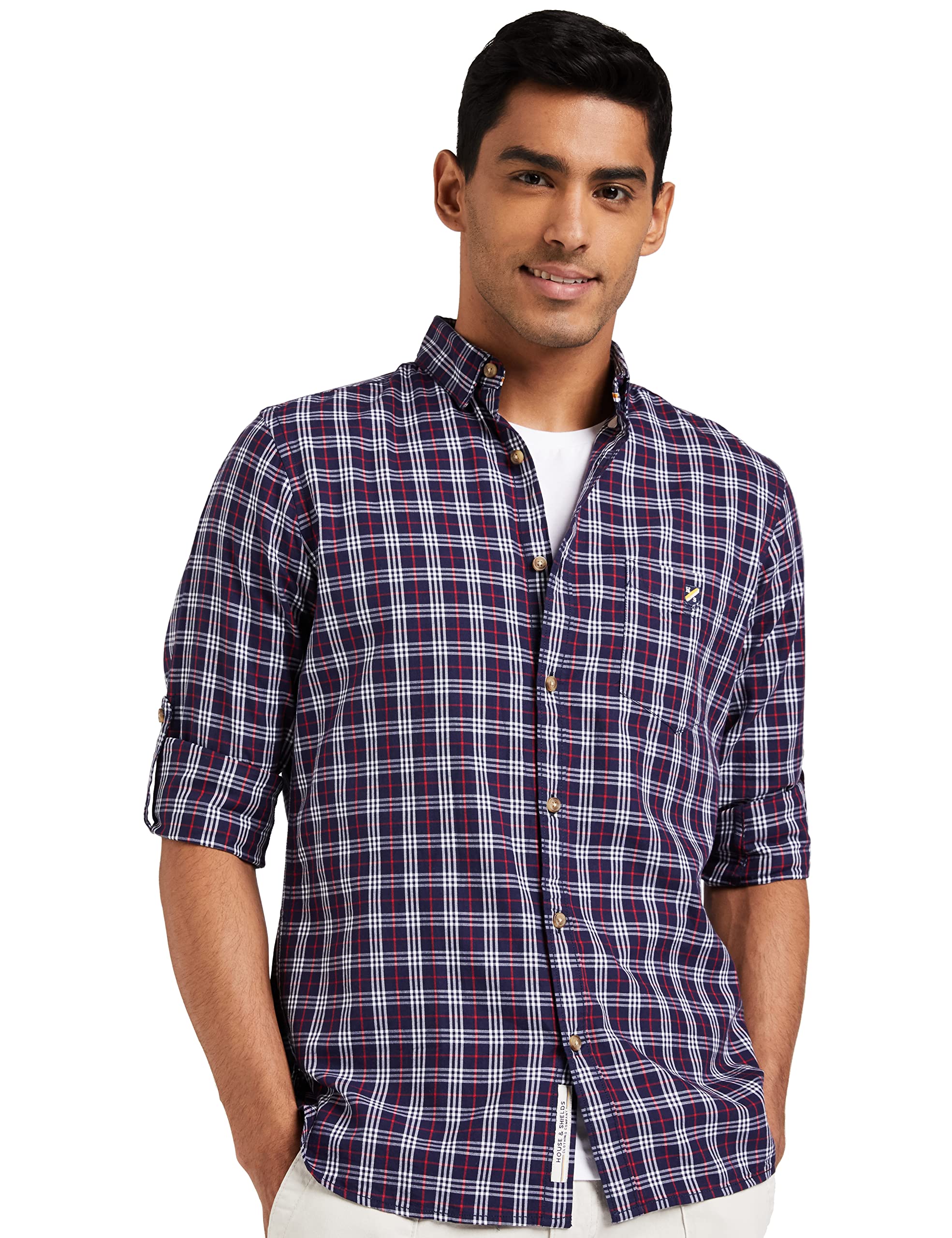Amazon Brand - House & ShieldsMen's Checkered Regular Fit Casual Shirt