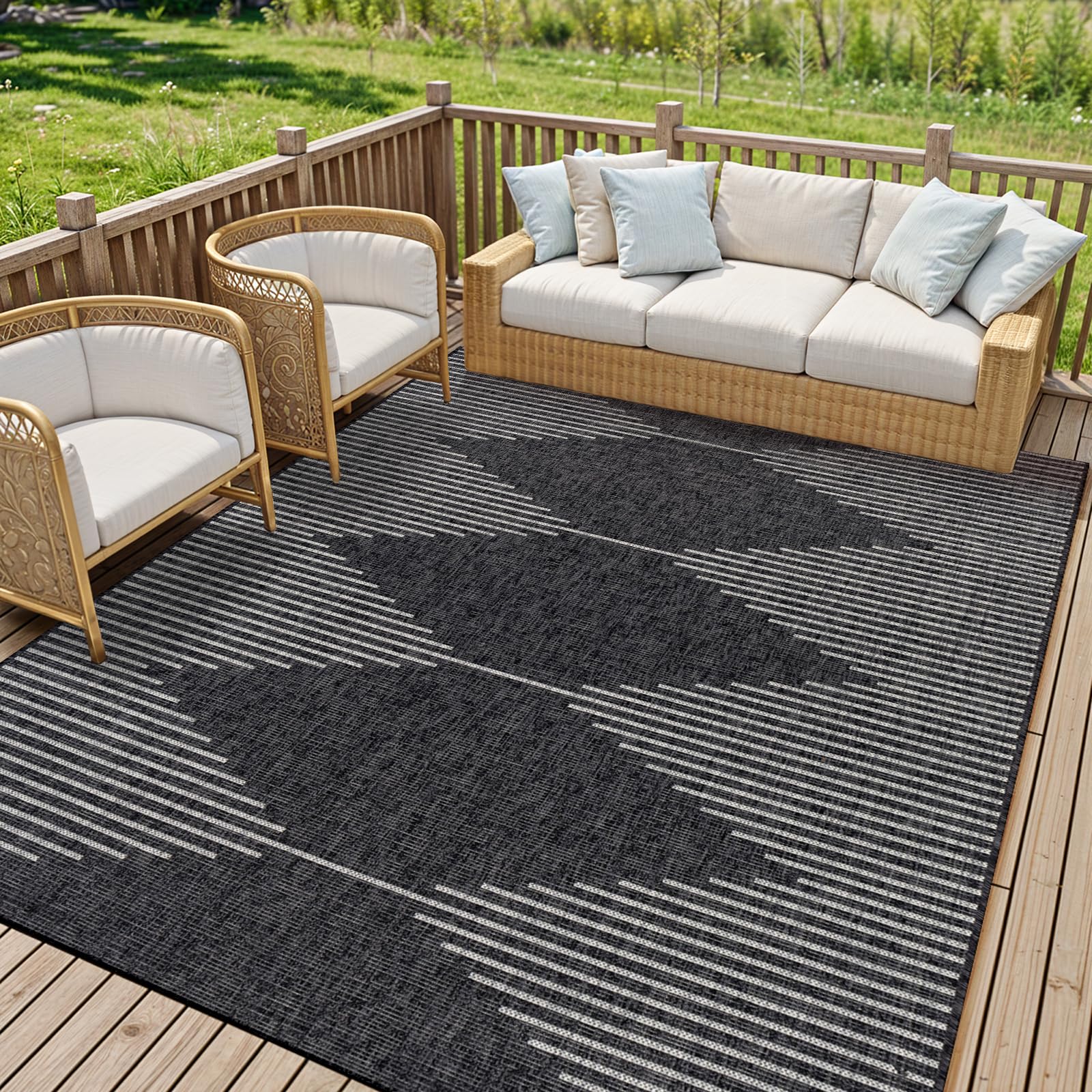 Livabliss Dolly Sevilla Indoor Outdoor Carpet 200x275 cm, Boho Pattern for Living Room, Dining & Garden, Waterproof Stain Durable, Black Grey