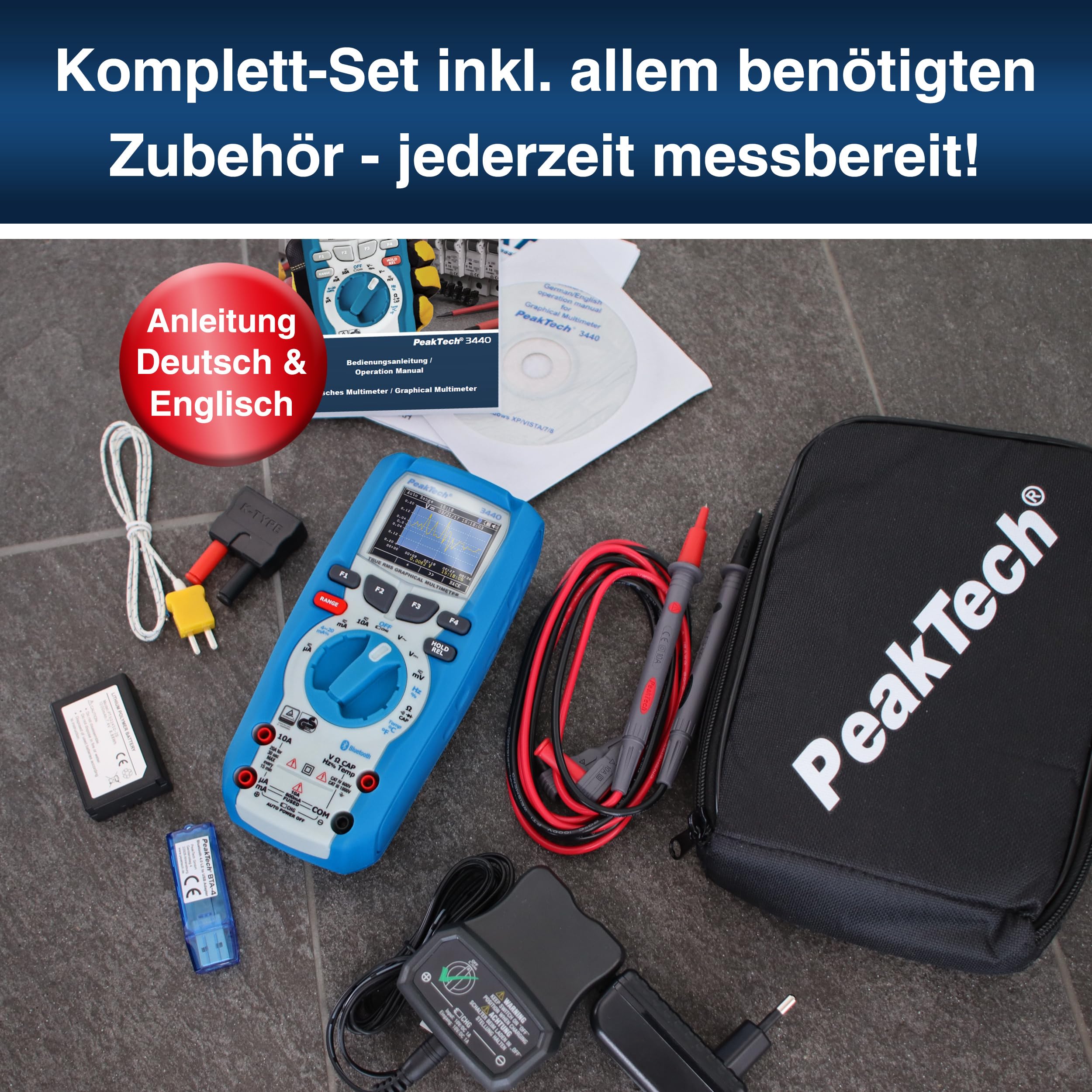 PeakTech P 3440 Multimeter digital + 4.0 Bluetooth & Grafik-Display [3 Jahre Garantie] 50000 Counts, Profi digital Multimeter, TÜV/GS, Spannungsprüfer Durchgangsprüfer Spannungsmesser -CAT III 1000 V