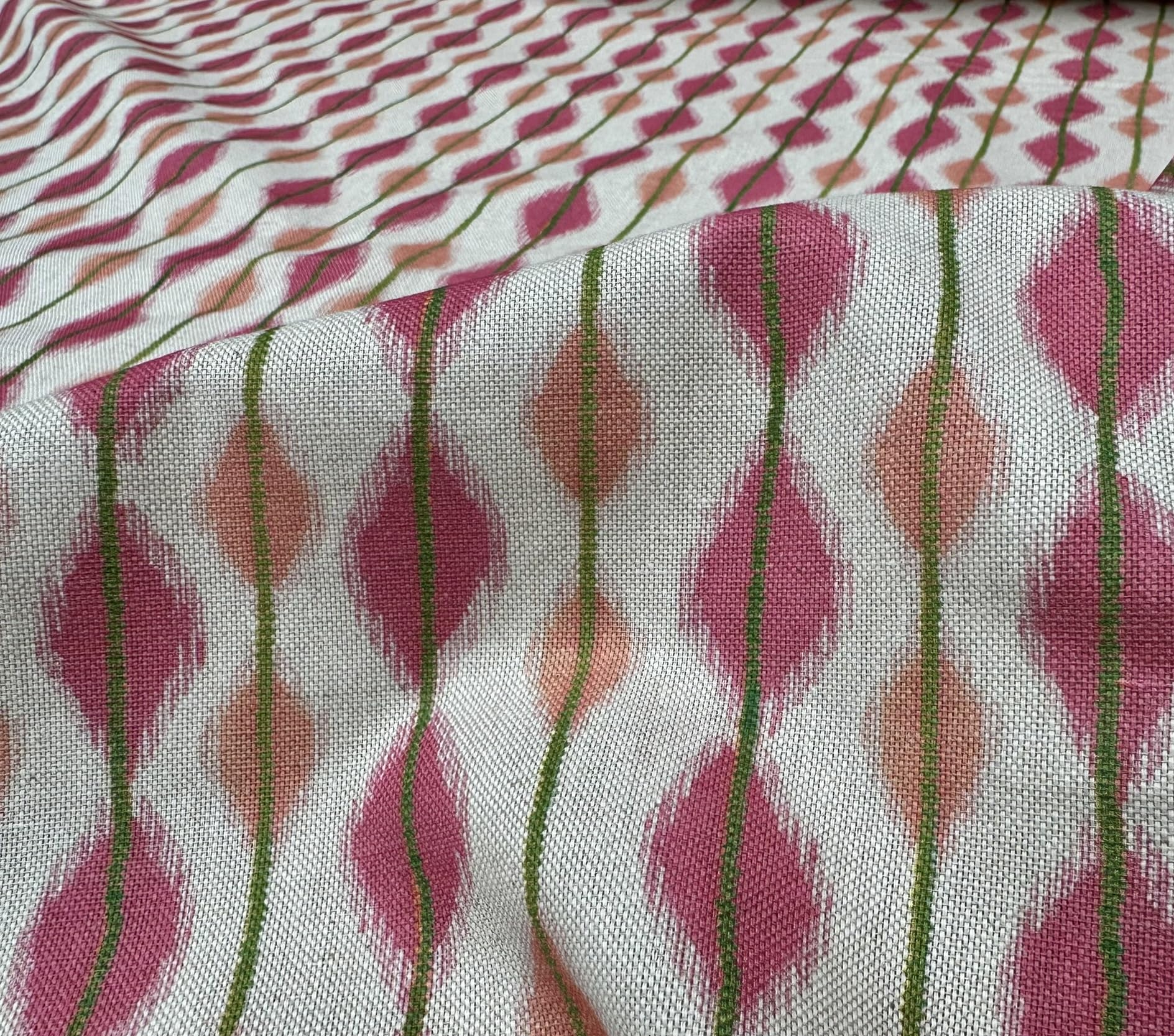 Cojín para tapicería de tela Ikat de mezcla de lino y algodón, color rosa y verde, 284 cm, extra ancho, se vende por metros