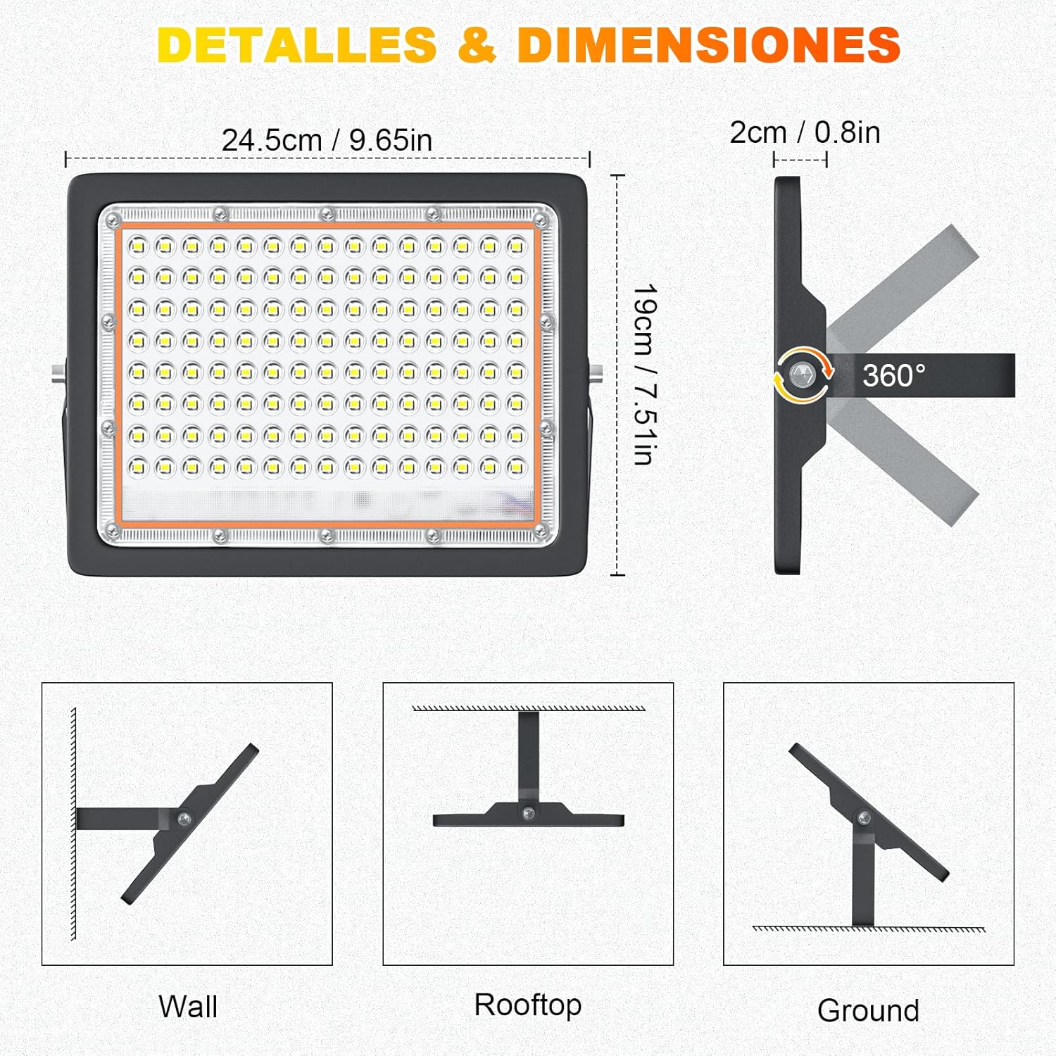 Eleganted 100W LED Flood Light Outdoor, 20000LM Super Bright Security Light with US Plug＆Switch, IP66 Waterproof 6500K Daylight White Floodlight, LED Work Light for Garage, Yard, Garden, Lawn -2 Pack