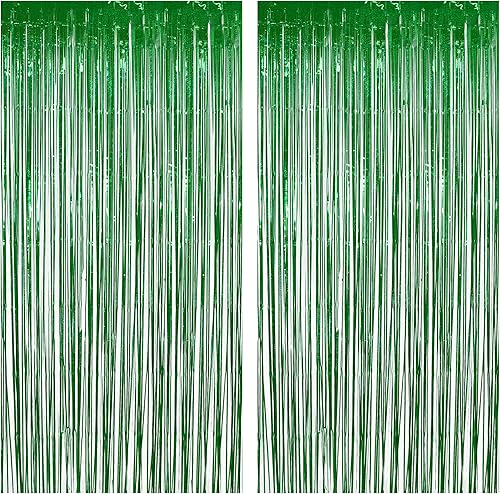 Green Foil Fringe Curtains Party Streamer, 2 Pack Tinsel Fringe Backdrop for Dinosaur Birthdays Wild Safari Christmas Party Decorations - 3.2×8.2ft
