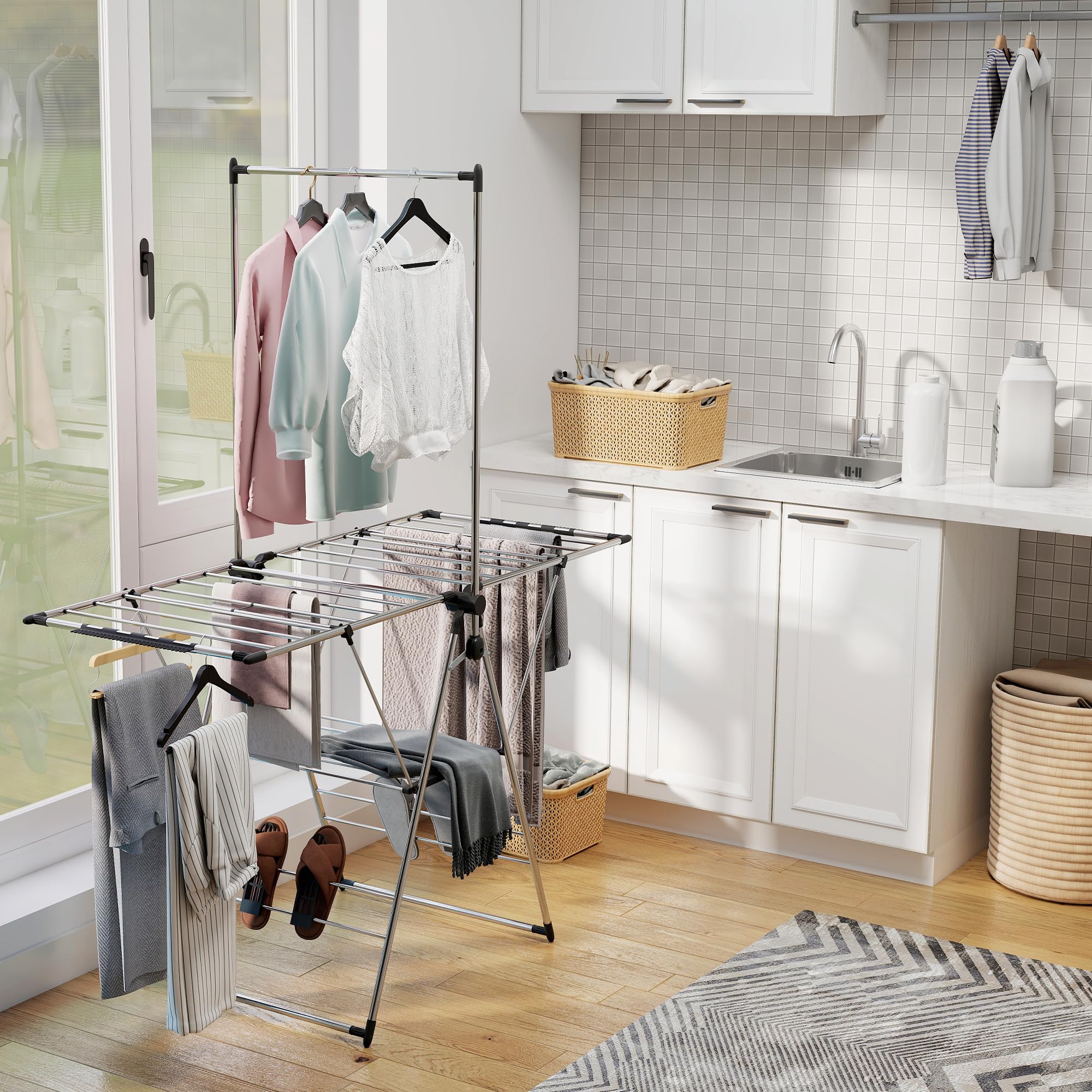 HOMCOM Wäscheständer Turm Faltbar 2 Ebenen 156,5x68x192cm Silber | Verstellbare Flügel, Schuhhalter, Standtrockner, Flügelwäscheständer, Wäschetrockner, Edelstahl, für Innen- und Außenbereich
