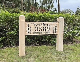 Address Sign Post for House Numbers, Custom Outdoor Wooden Sign, Forest Cabin Signs