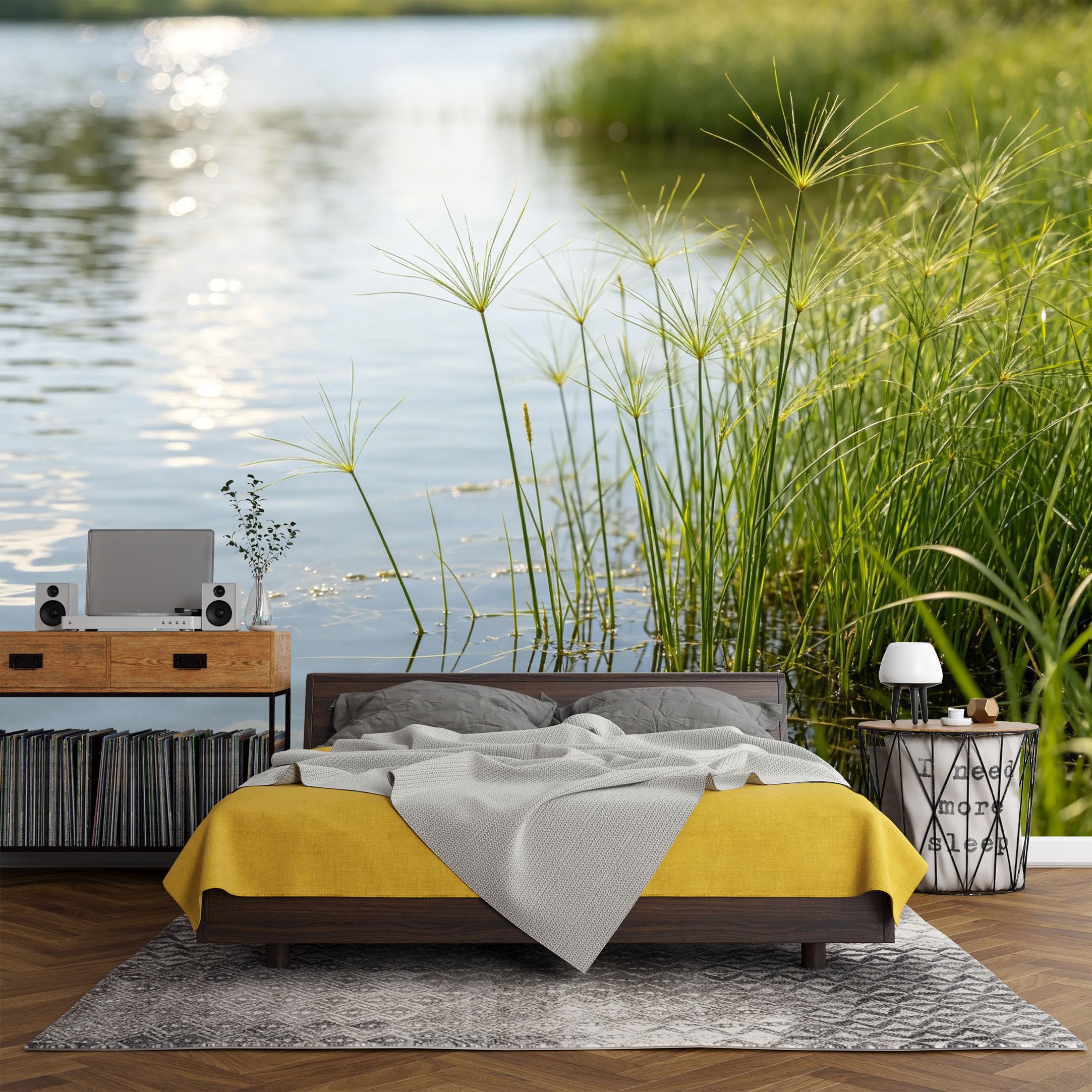Custom Size Wall Mural， Lakeside Reeds Water Reflection Landscape Nature Scene，SelfAdhesive Art Prints wall Fabric (No PVC) Removable Wallpaper Living Room Decor