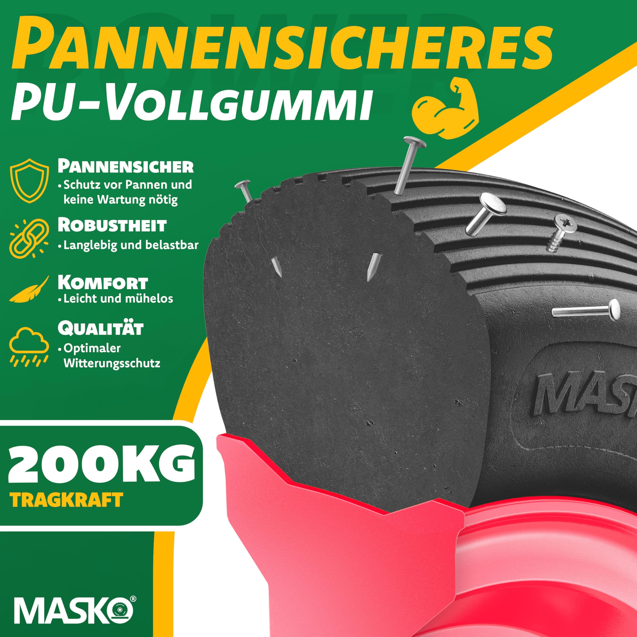 MASKO® Rueda de Carretilla de PU 200 kg sin aire 4.80/4.00-8 Ø 390mm Eje de Repuesto para Rueda de Goma de Acero Neumático sin aire para Carretilla de Jardín Rueda de PU Antipinchazos Negro/Rojo