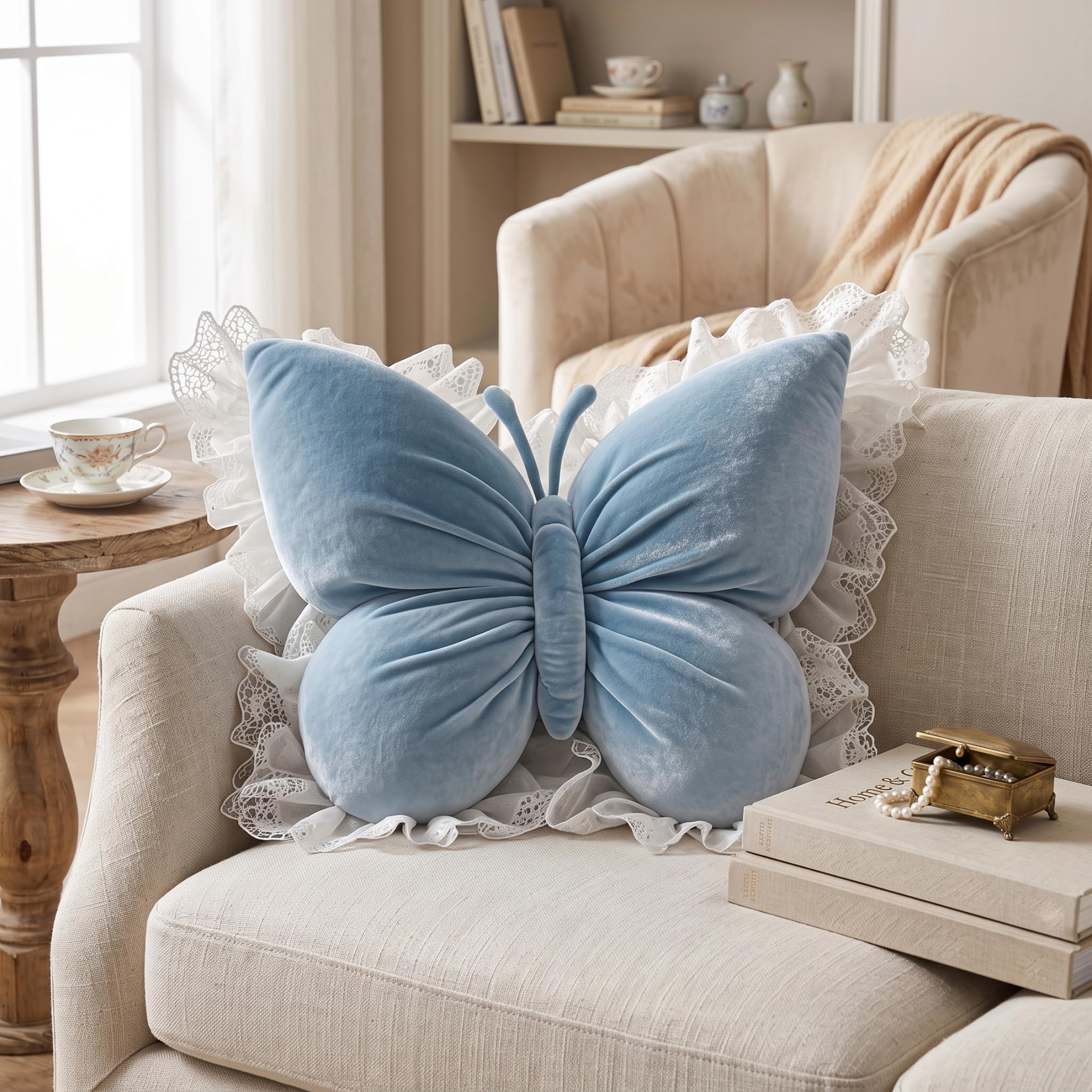 Faticenic Butterfly Throw Pillow, Lace-trimmed Decorative Throw Pillows For Bed, Lumbar Support Cushion For Sofa Bedroom Car Blue, Decorative Pillow, Pillows For Bedroom