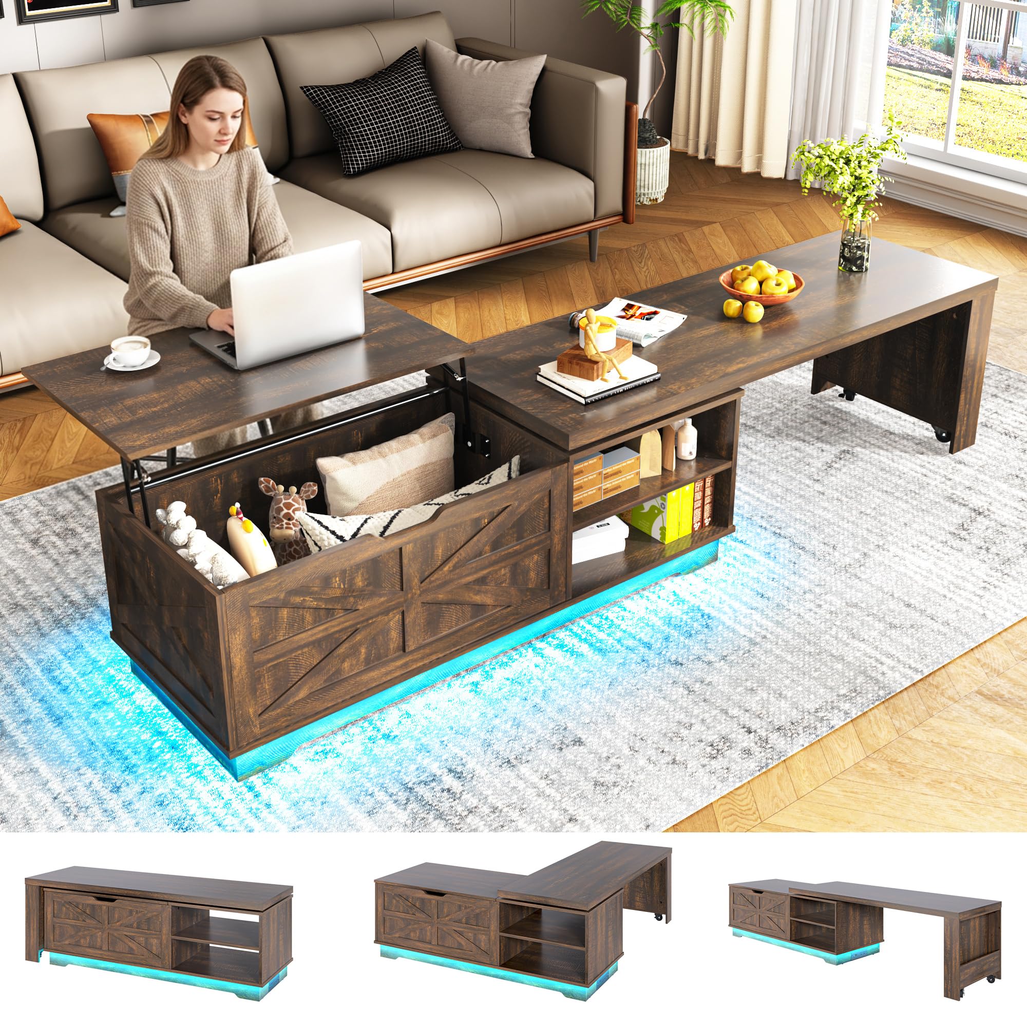 57-89 Large Lift Top Coffee Table W Power Outlet 90 180 Rotation Coffee Tables W 6000-Colors LED Lighting