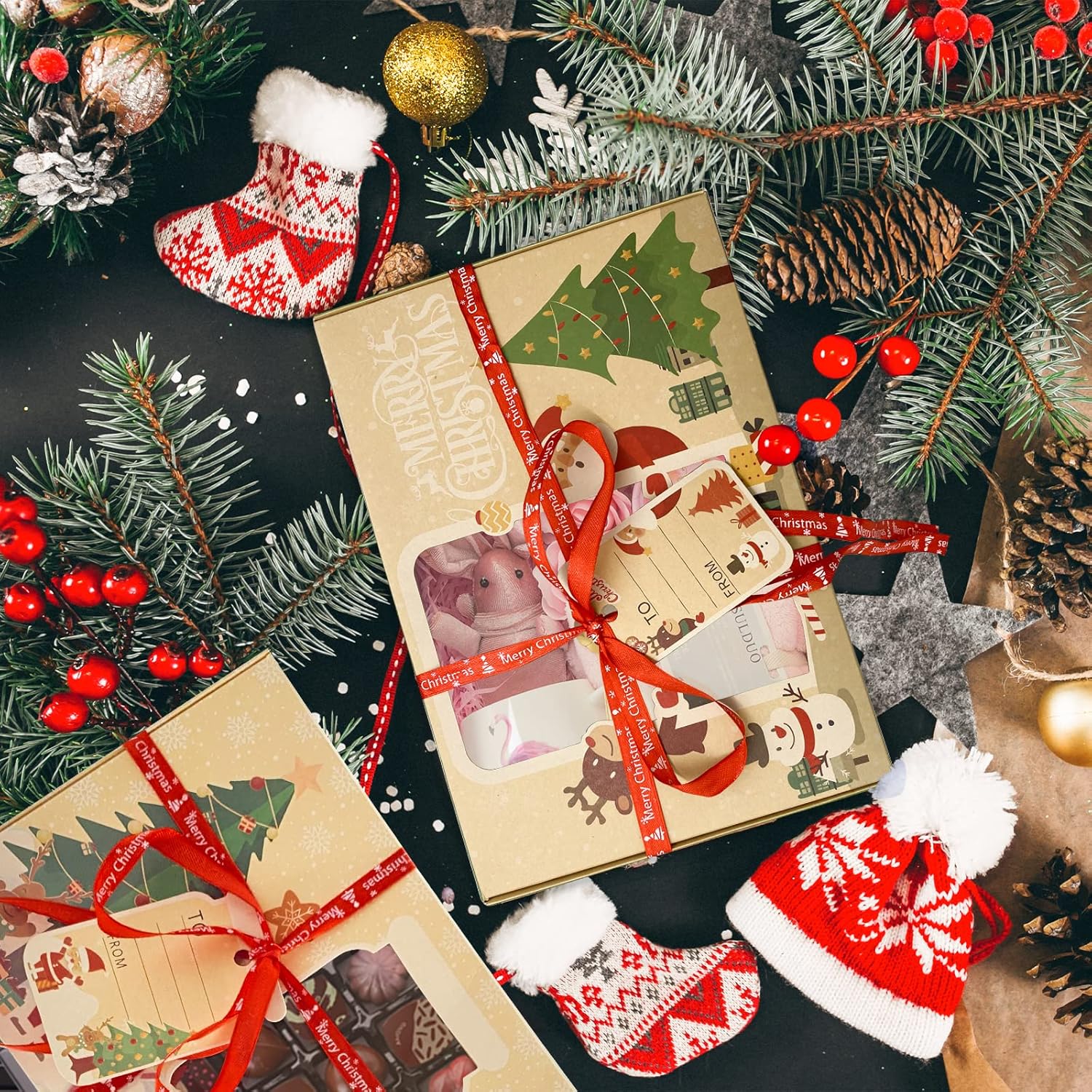 12 Packs Christmas Cookie Boxes with Window,Bakery Treat Boxes Gift Baking Box Christmas Kraft Gift Boxes with Ribbons and DIY Gift Tags for Gift Giving, Pastry, Candy, Party Favors (Small)