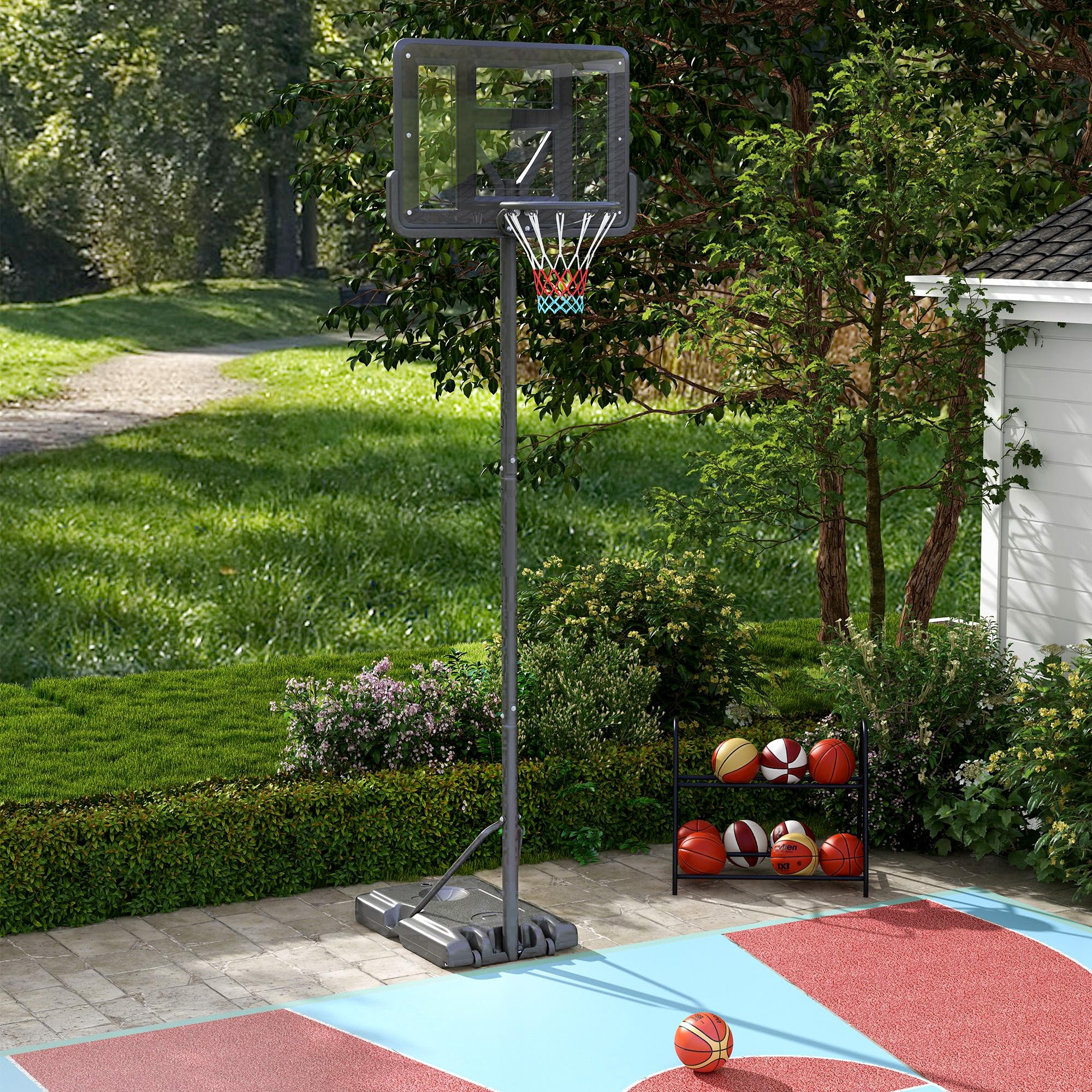 SPORTNOW Canasta de Baloncesto Exterior 2 en 1 Altura Ajustable 230-305 cm Aro para Piscina Soporte con Ruedas Base Rellenable Negro