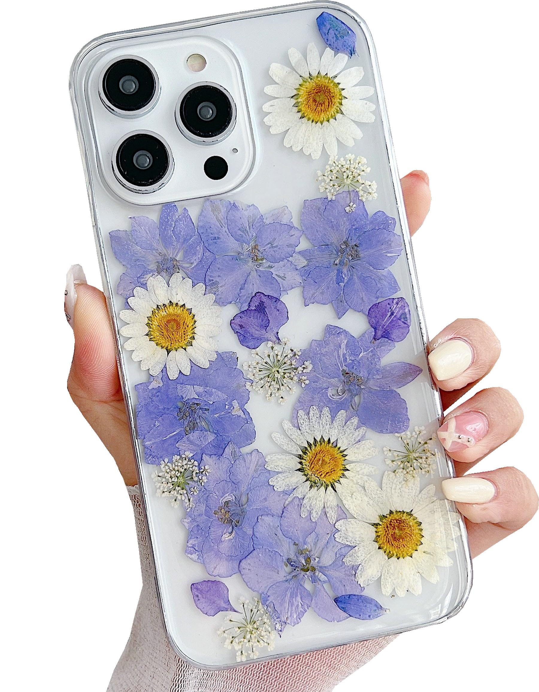 Abbery Funda Carcasa Para IPhone 14 Pro, Diseño De Flores Con Protección De Cámara, Diseño De Purpurina Transparente, De Silicona Transparente, Flores Secas Auténticas, Para Mujeres, Niñas, Sto?feste