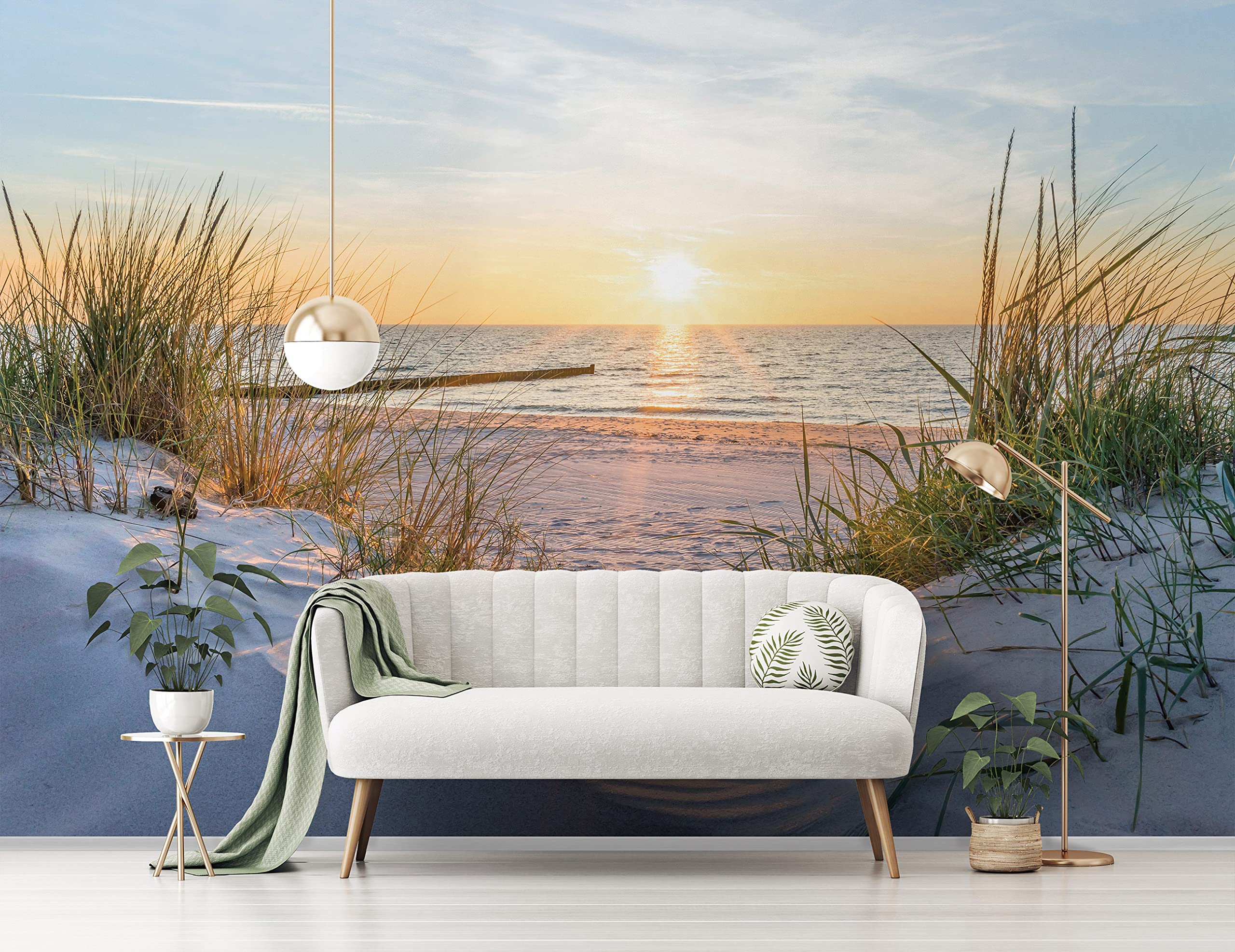 WallArena Fotobehang, wandbehang, vliesbehang, 3D-effect, uitzicht uit raam, Noordzee, strand, zee, uv-bestendig, kant-en-klaar (368 x 254 cm - 4 banen