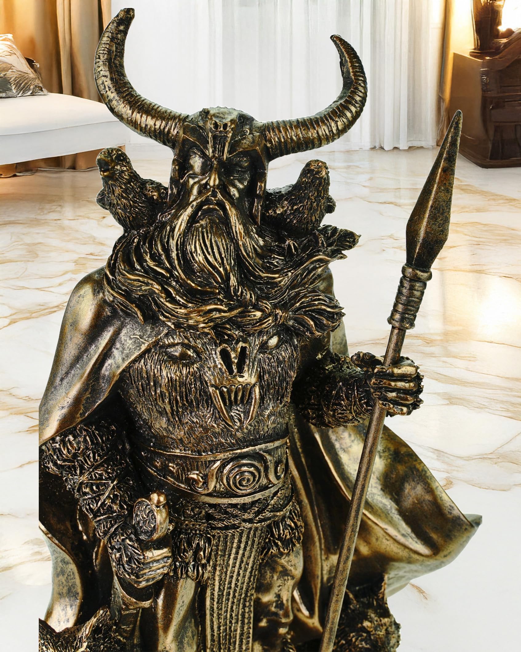 Kremers Schatzkiste Figura de Odin con cuervos Hugin y Munin y lobos Geri y Freki, 36 cm, mitología nórdica, escultura de dioses de polirresina – Regalo vikingo