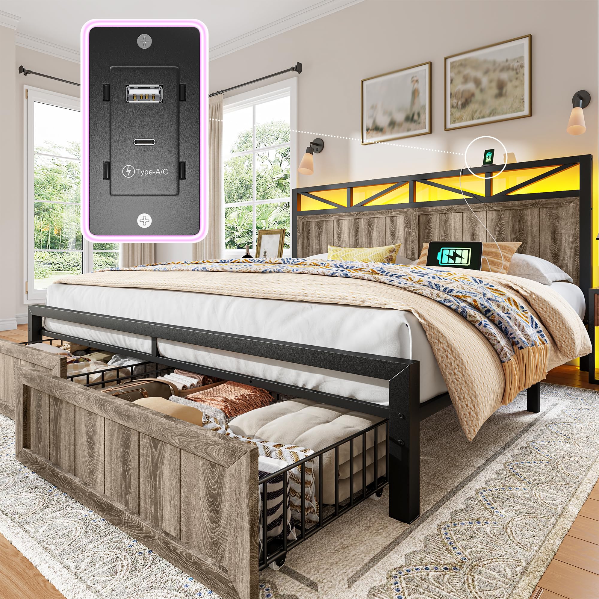 EnHomee King Size Bed Frame with 2 Storage Drawers, King Bed Frame with Wooden Headboard and Strong Metal Support,LED Lights and Charging Station,