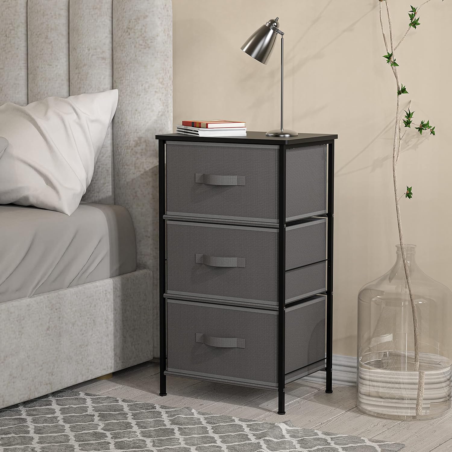 Simple Houseware 3 Drawer Nightstand Dresser with Wood Top, Dark Grey - Image 2