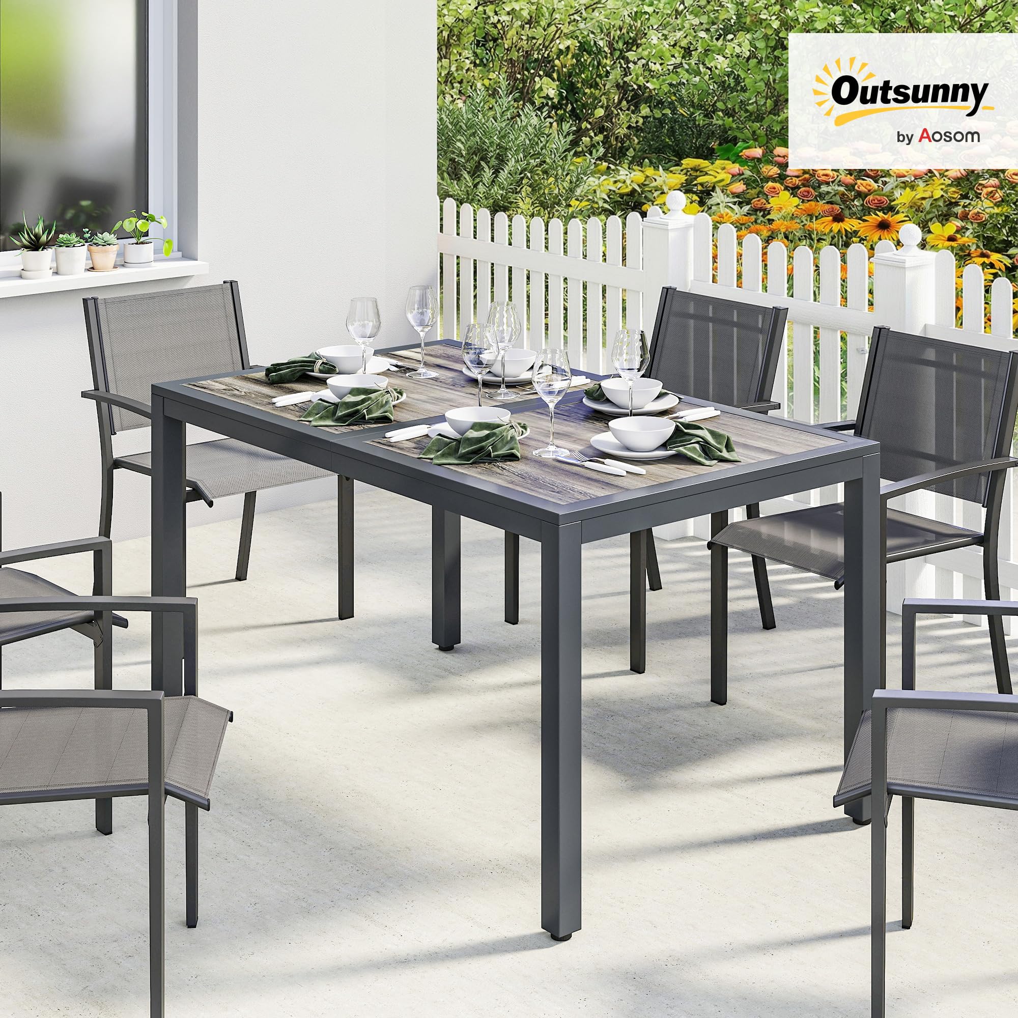Outsunny Tavolo Giardino Rettangolare Acciaio 140x80x72cm Grigio Scuro | Per 4-6 persone, tavolo da pranzo outdoor, piano effetto legno, ideale per patio, balcone, portico